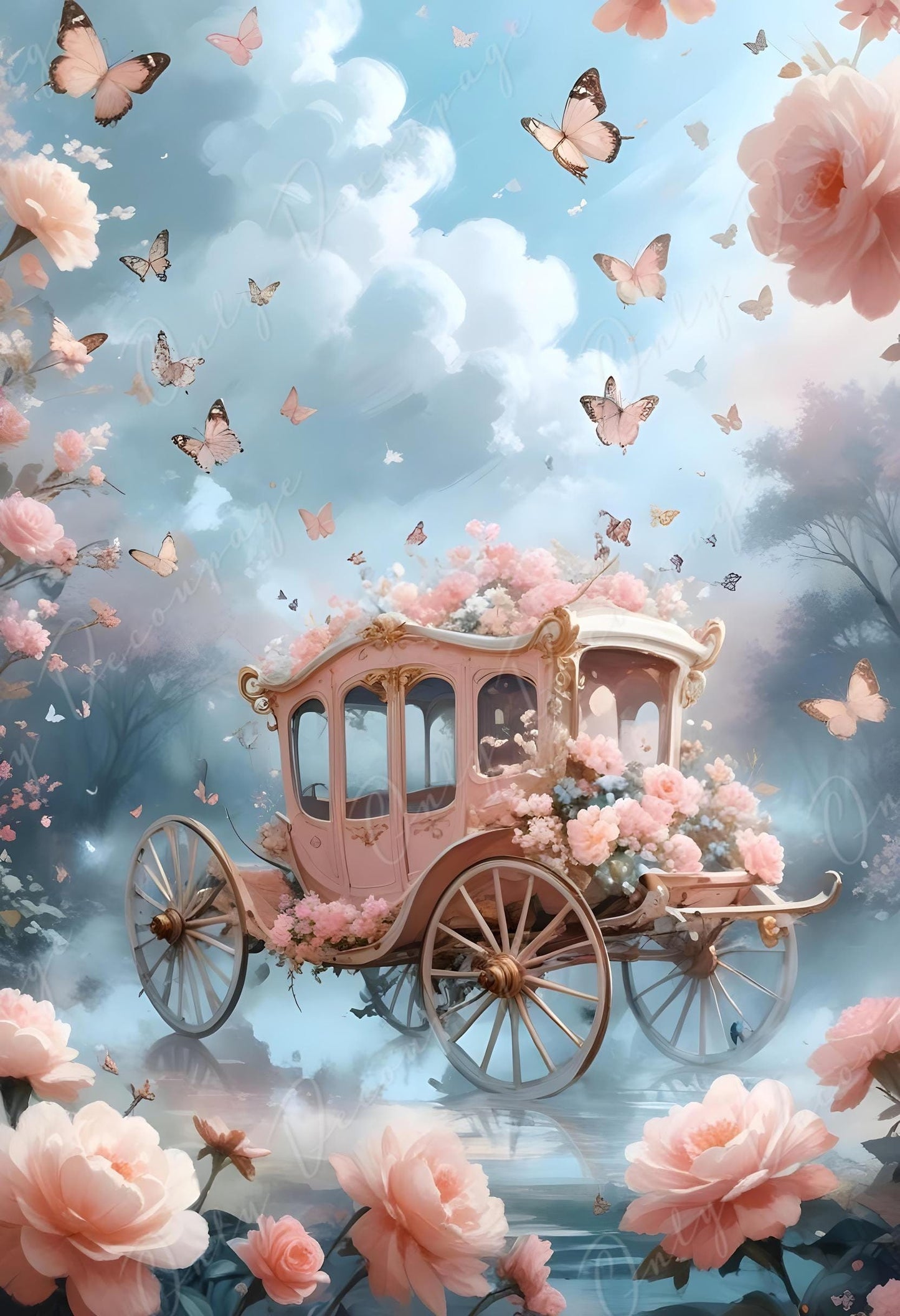 Fairytale Coach - Large Decoupage Paper - 6 Size Options - Pink Roses - Shabby Chic