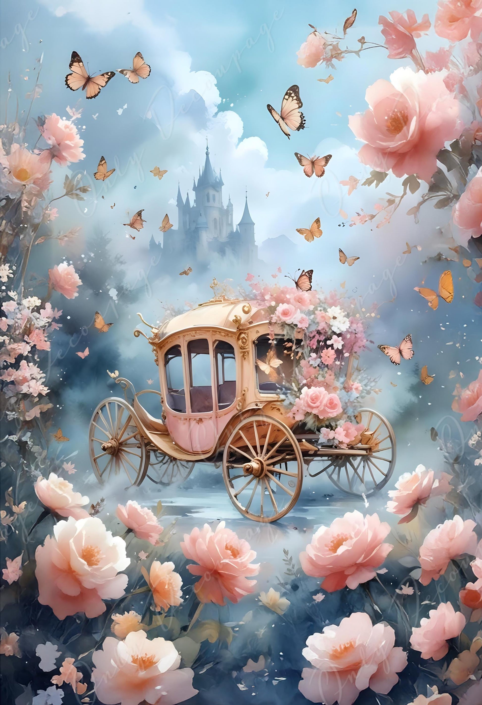 Fairytale Coach - Large Decoupage Paper - 6 Size Options - Pink Roses - Shabby Chic
