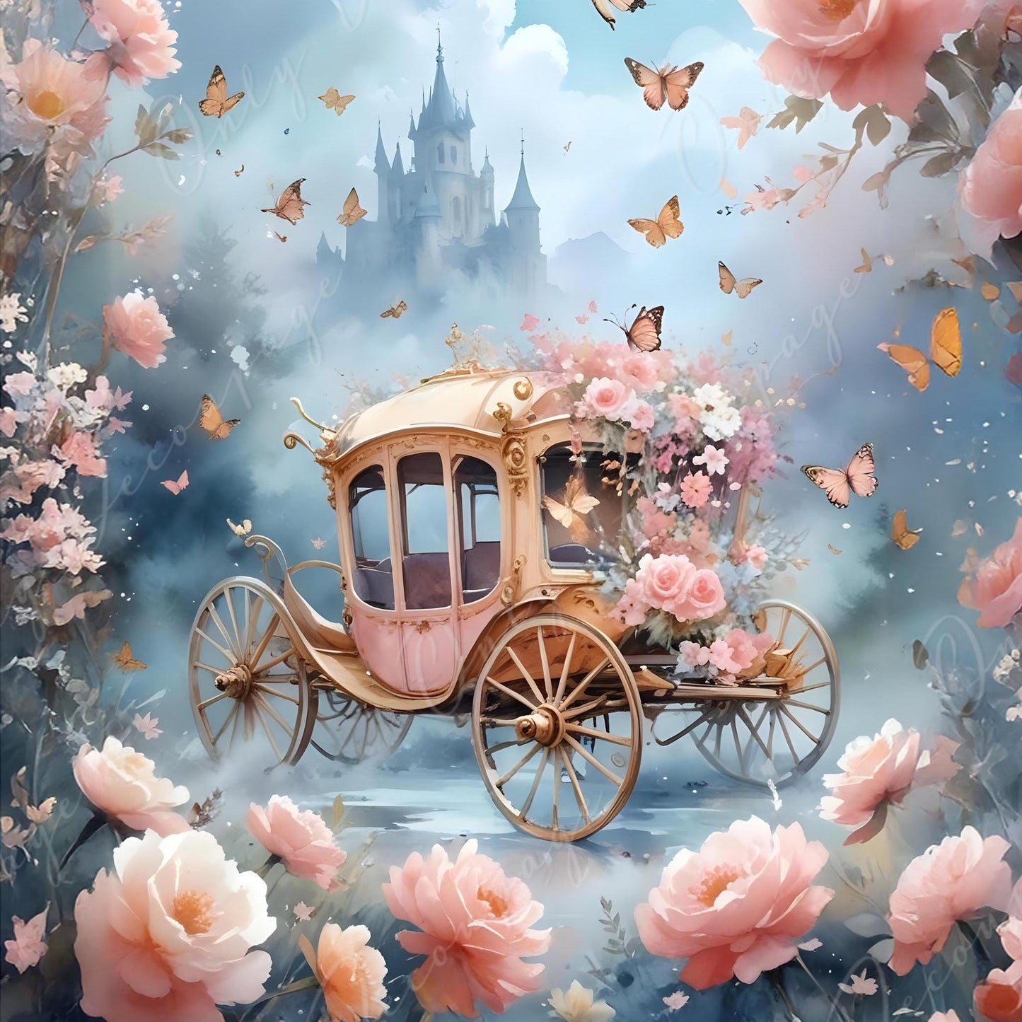 Fairytale Coach - Large Decoupage Paper - 6 Size Options - Pink Roses - Shabby Chic