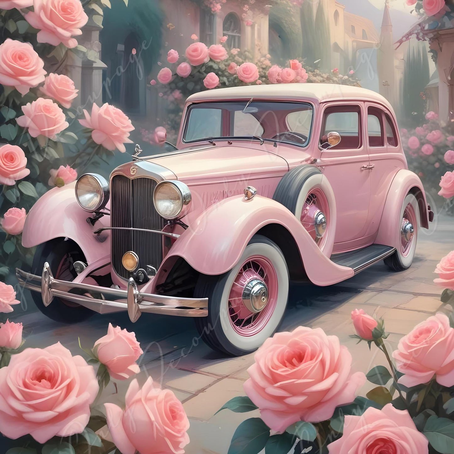 Fairytale Classic Car - Large Decoupage Paper - 6 Size Options - Pink Roses - Shabby Chic