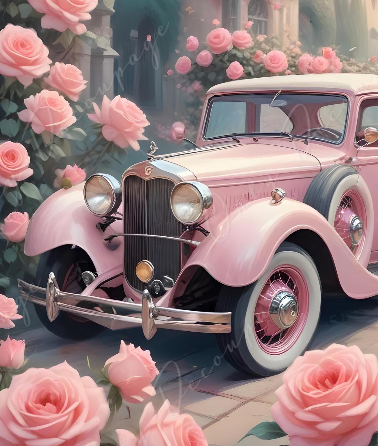 Fairytale Classic Car - Large Decoupage Paper - 6 Size Options - Pink Roses - Shabby Chic