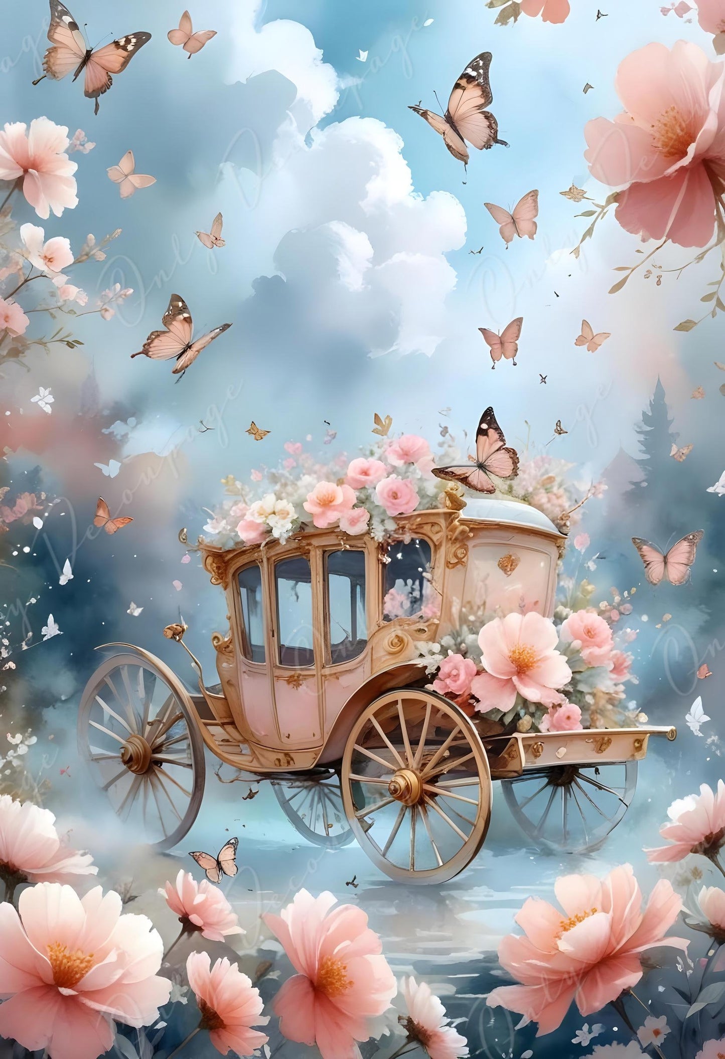 Fairytale Coach - Large Decoupage Paper - 6 Size Options - Pink Flowers - Shabby Chic