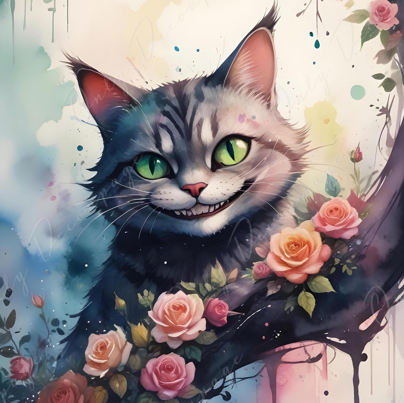 Fairytale Alice Cat - Large Decoupage Paper - 6 Size Options - Colorful Roses
