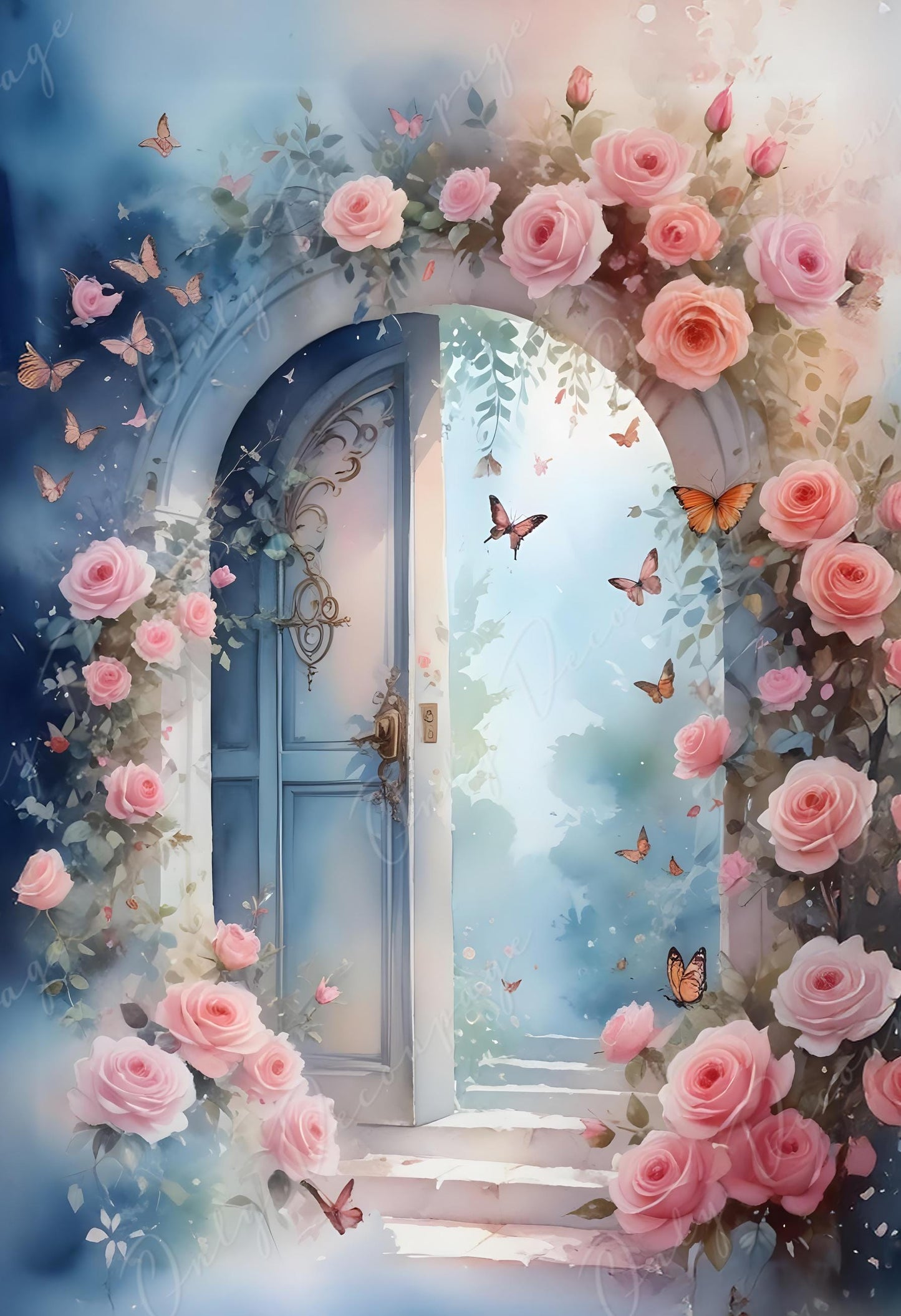 Fairytale Garden Gate - Large Decoupage Paper - 6 Size Options - Pink Flowers