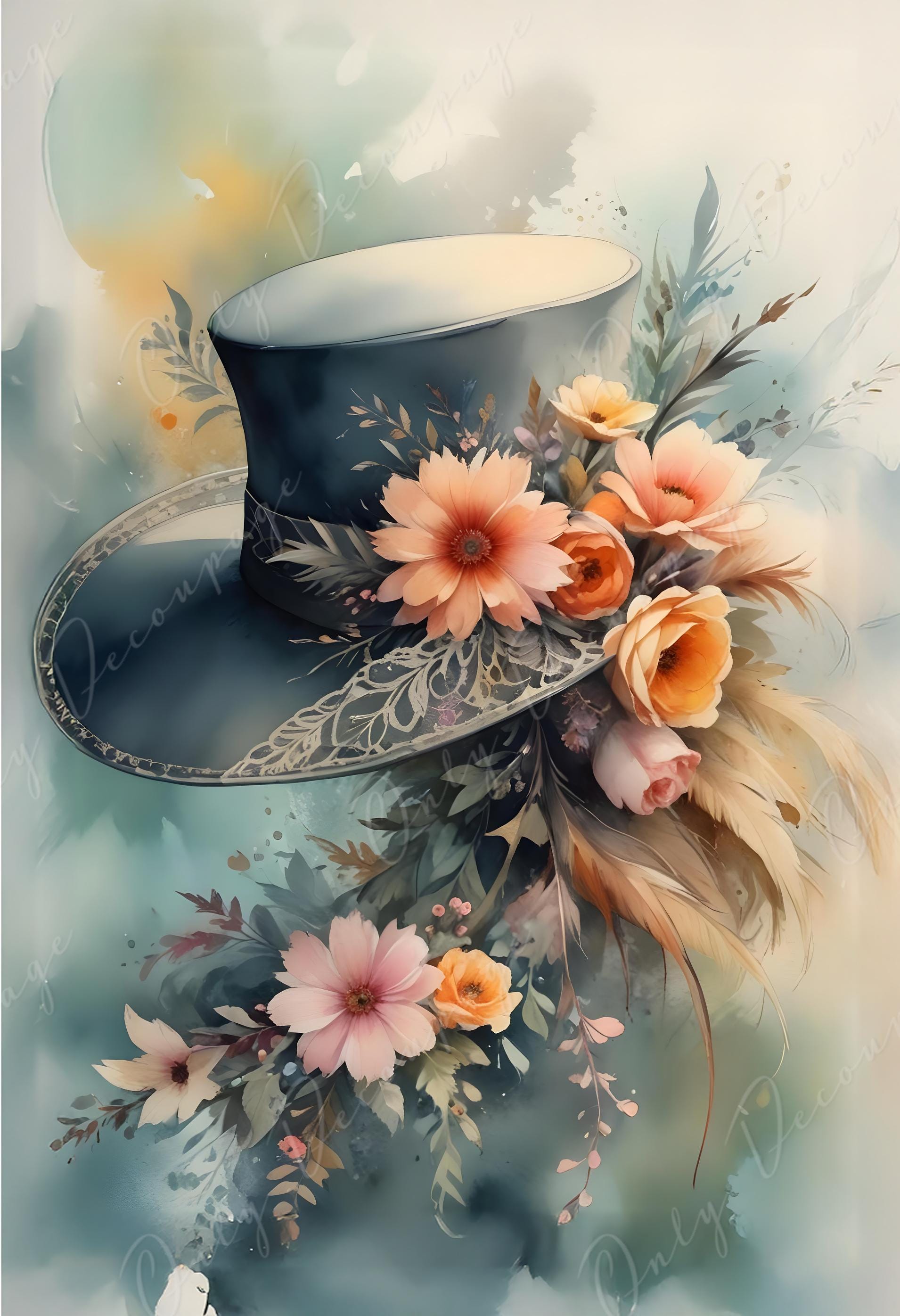 Fairytale Floral Hat - Large Decoupage Paper - 6 Size Options - Orange Flowers
