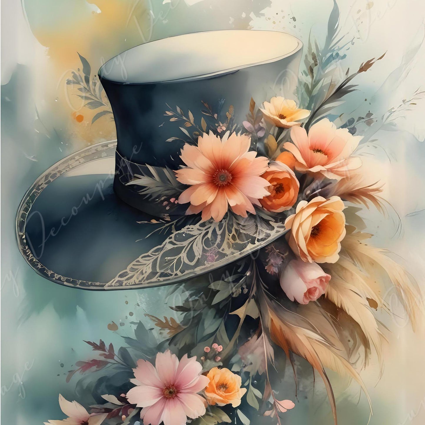 Fairytale Floral Hat - Large Decoupage Paper - 6 Size Options - Orange Flowers