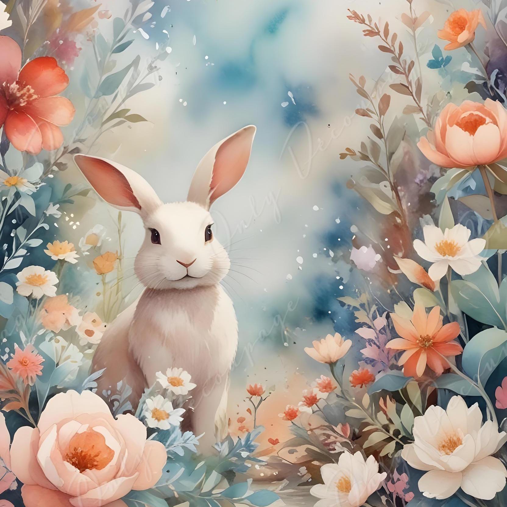 Fairytale - Large Decoupage Paper - 6 Size Options - Rabbit with Pastel Flowers