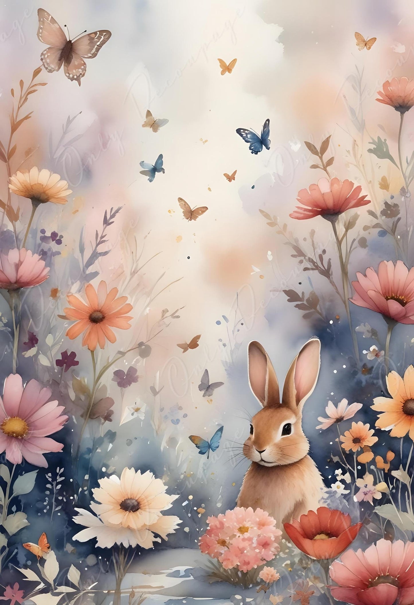 Fairytale - Large Decoupage Paper - 6 Size Options - Rabbit with Colorful Flowers