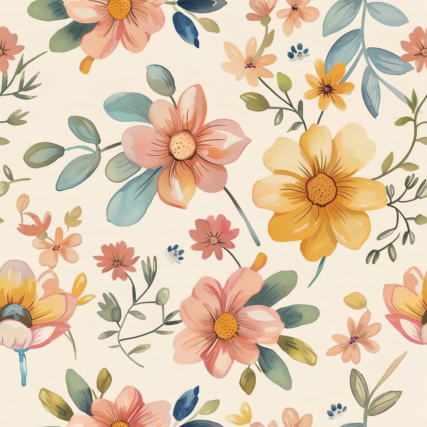 Floral Decoupage Paper - Repeating Pattern - 6 Size Options - Watercolor Yellow White
