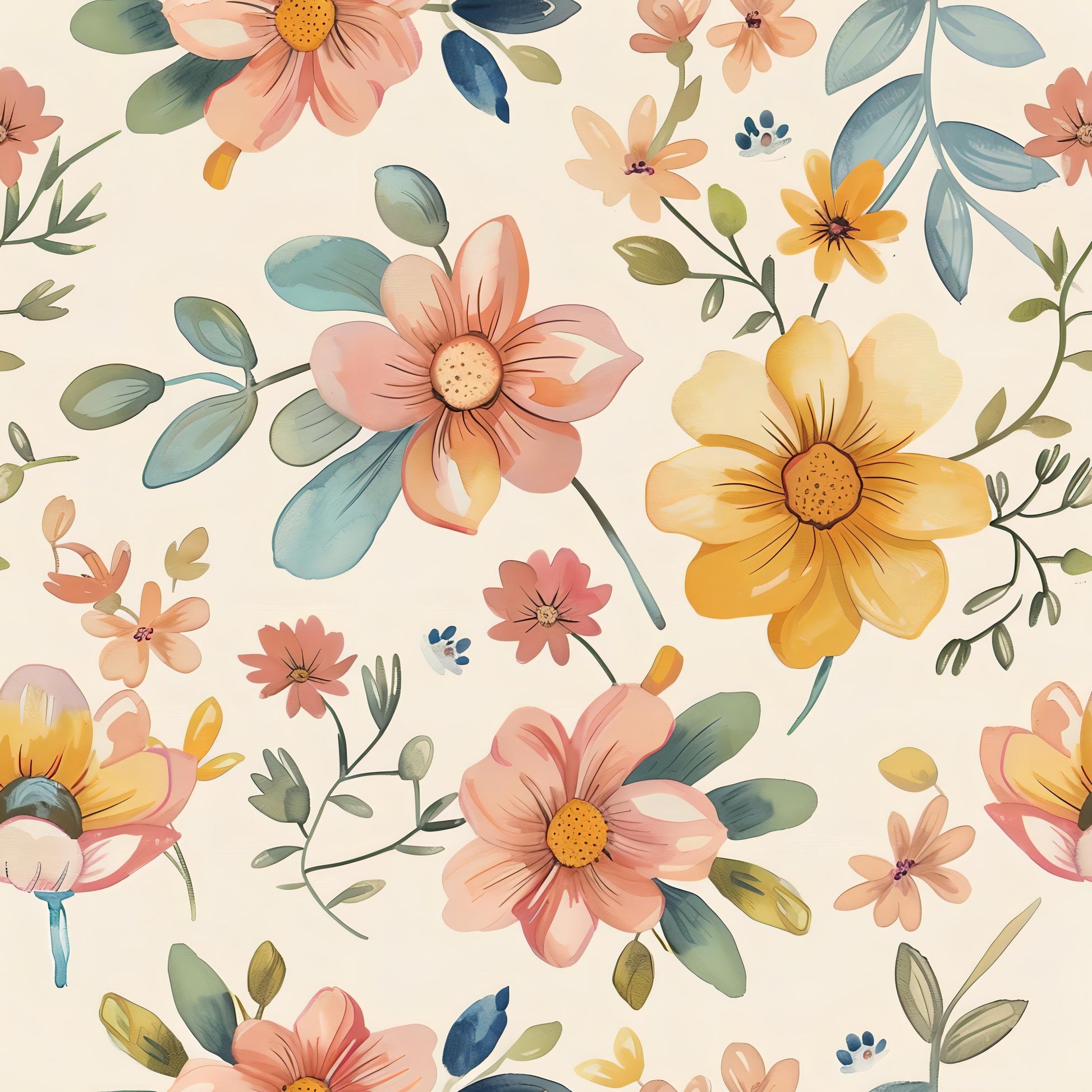 Floral Decoupage Paper - Repeating Pattern - 6 Size Options - Watercolor Yellow White
