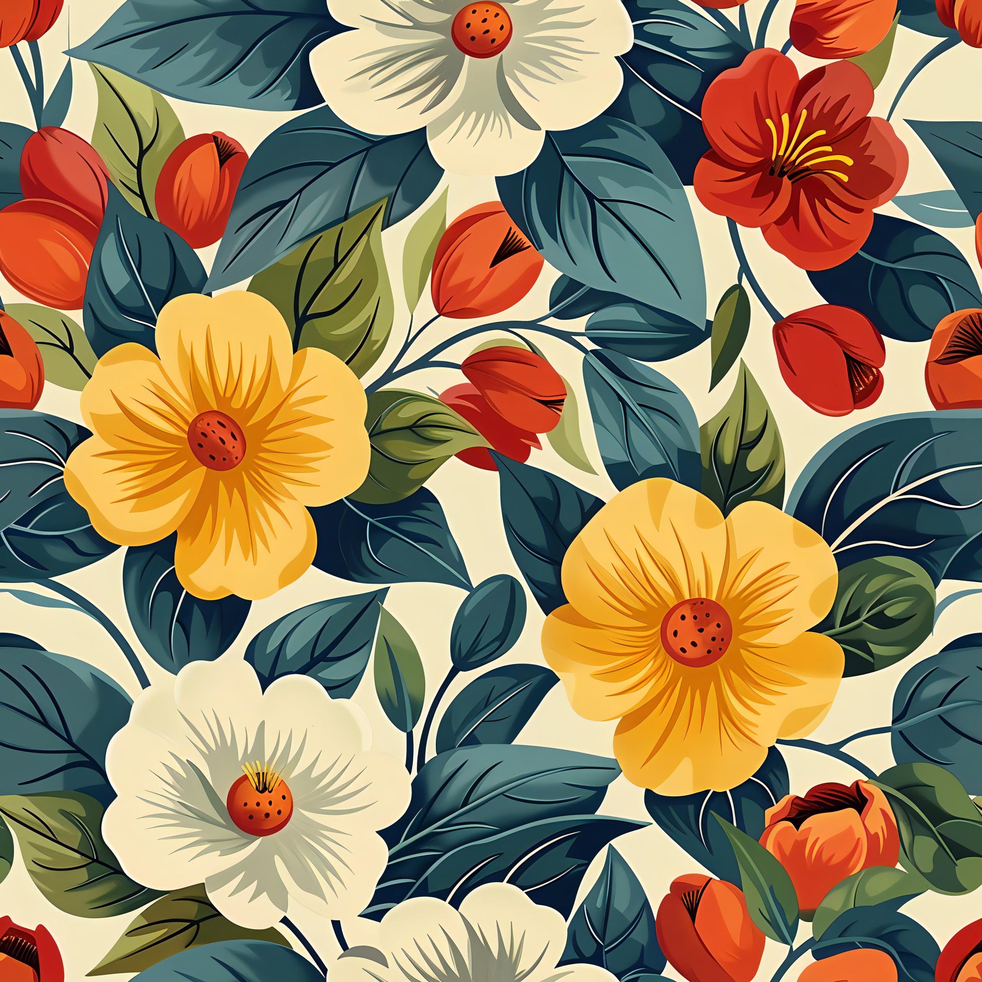 Floral Decoupage Paper - Repeating Pattern - 6 Size Options - Yellow Red Green
