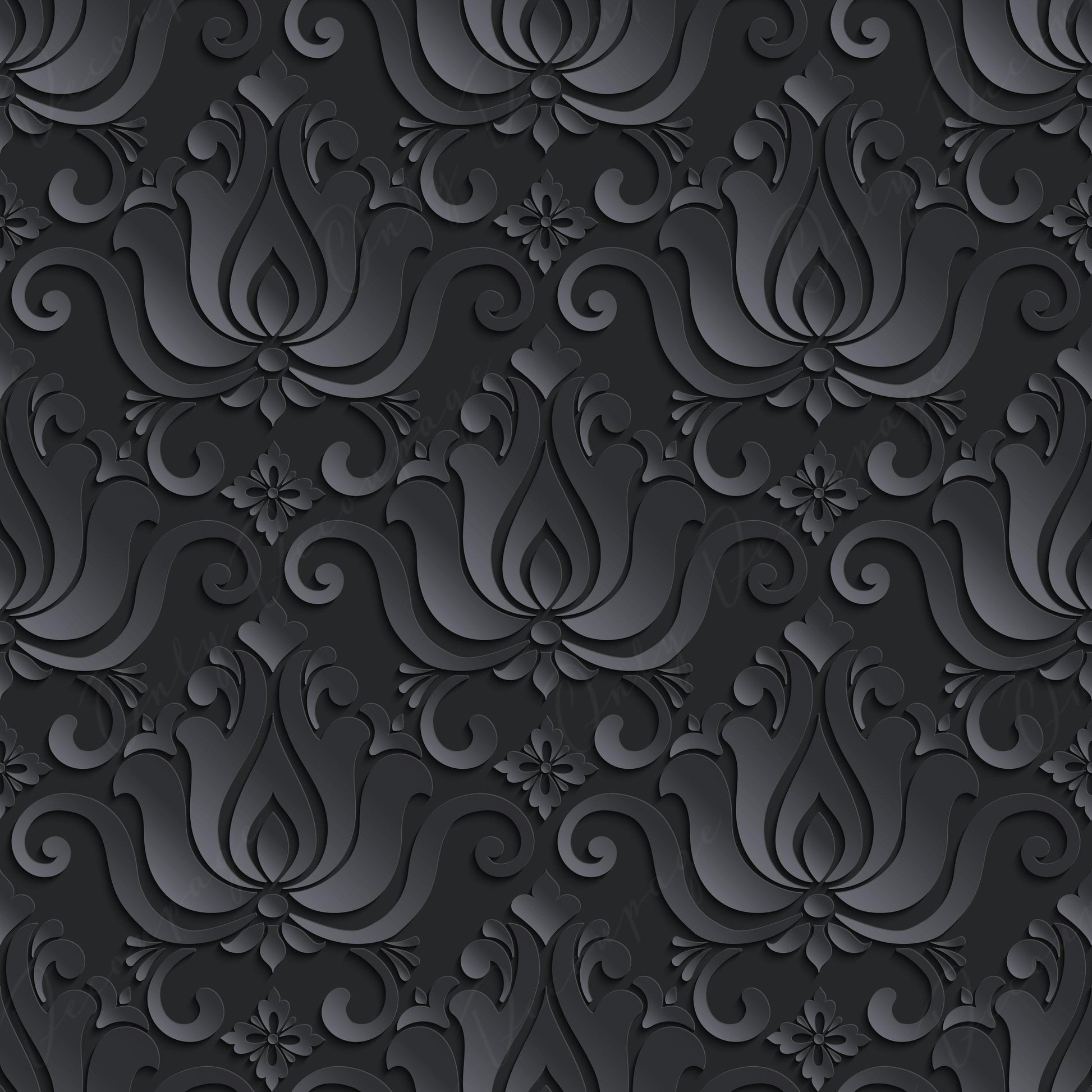 Dark Decoupage Paper - Repeating Damask Pattern - Black Shade