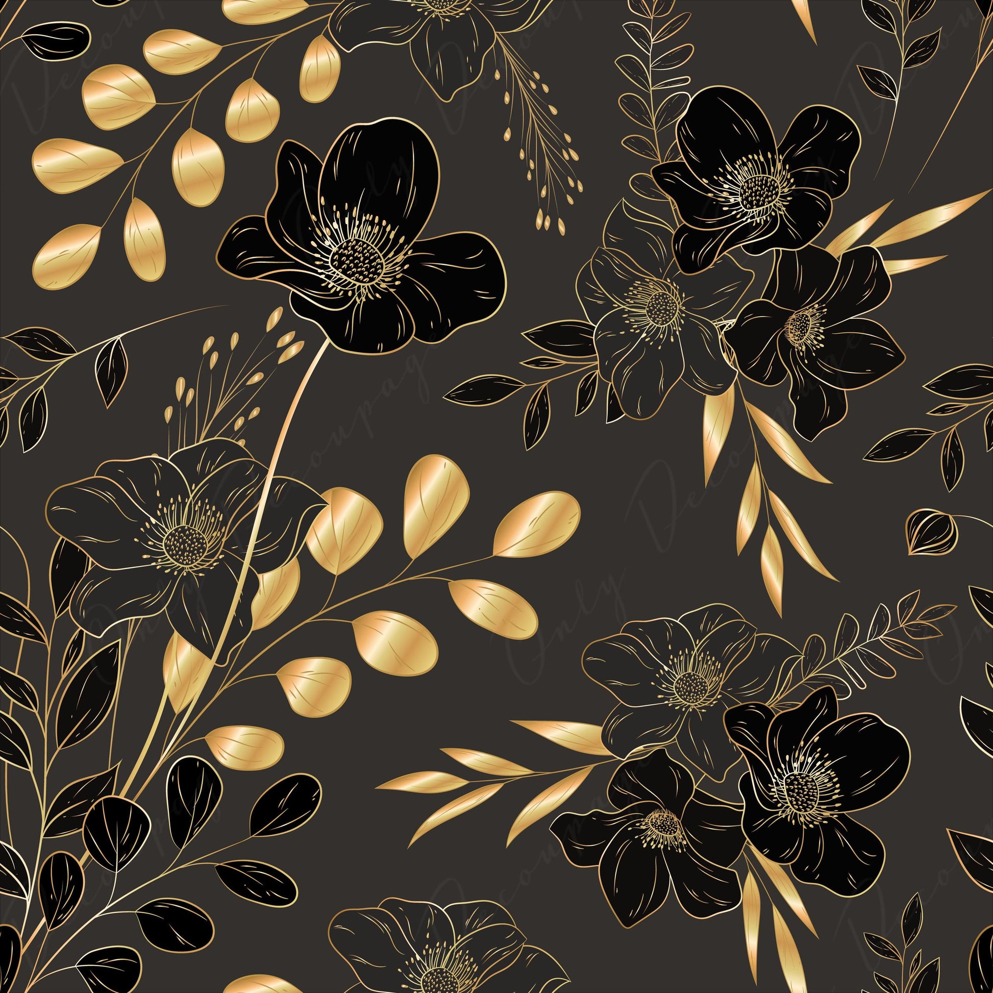 Floral Dark Decoupage Paper - Rice Paper Decoupage for Furniture - Black White Gold