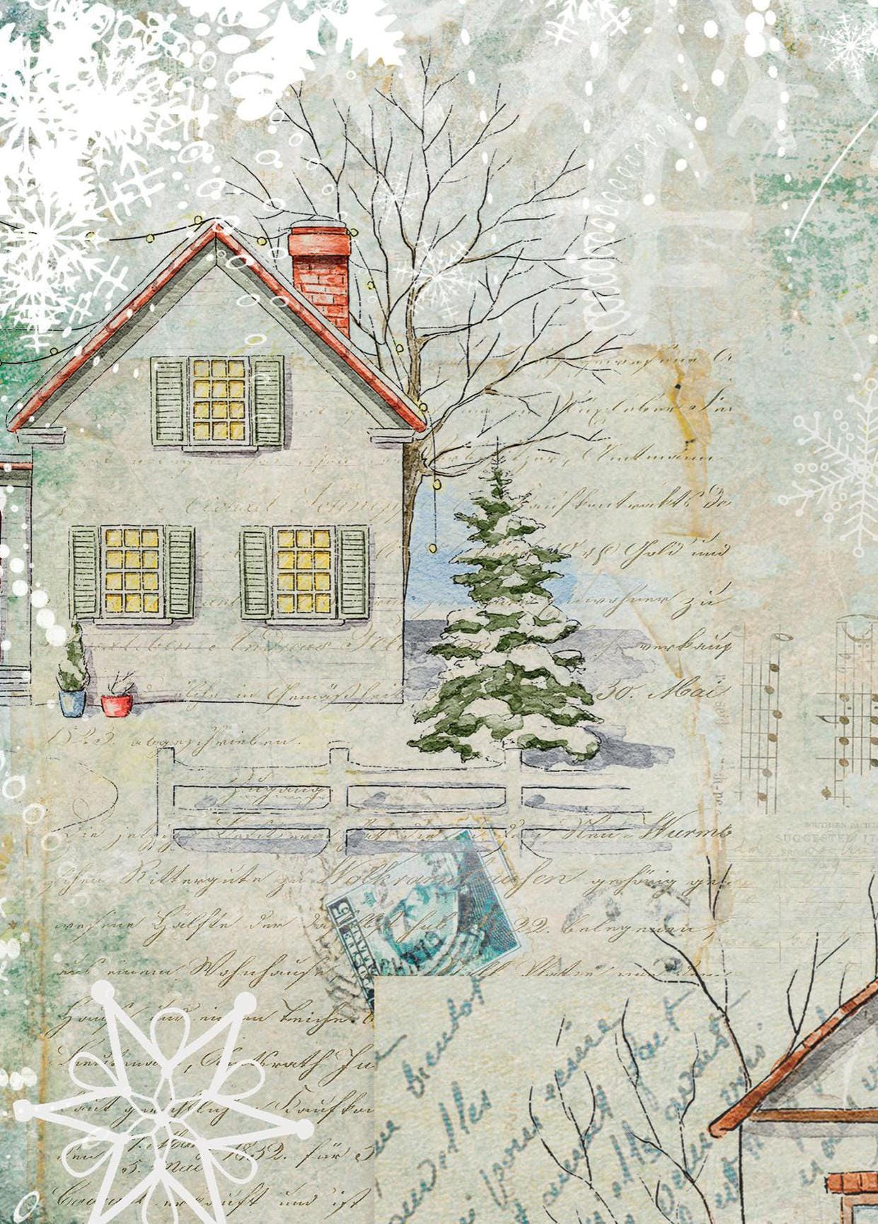 Large Decoupage Paper - Christmas Collection - House Snow - 6 Size Options - Green Holly Bush