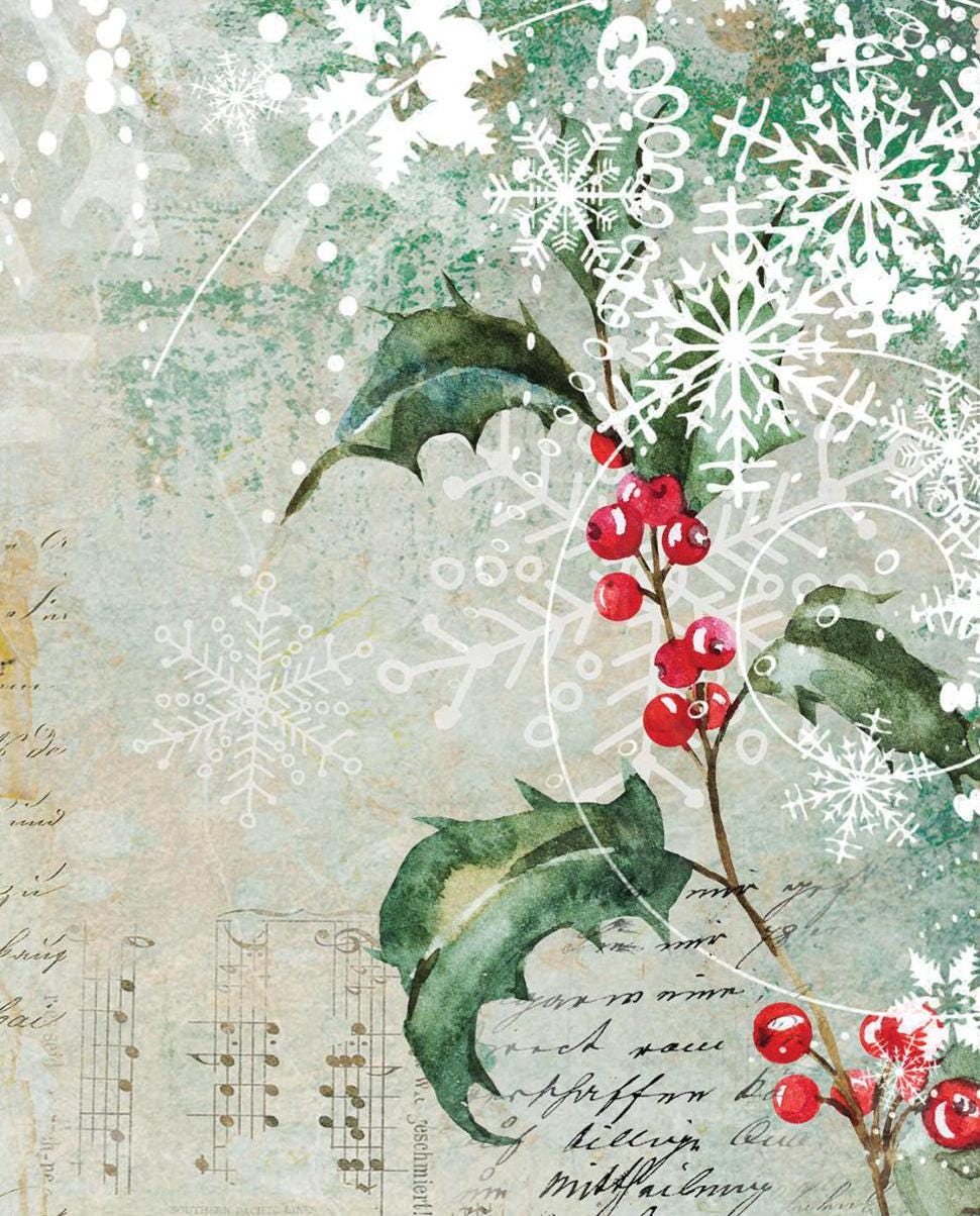 Large Decoupage Paper - Christmas Collection - House Snow - 6 Size Options - Green Holly Bush