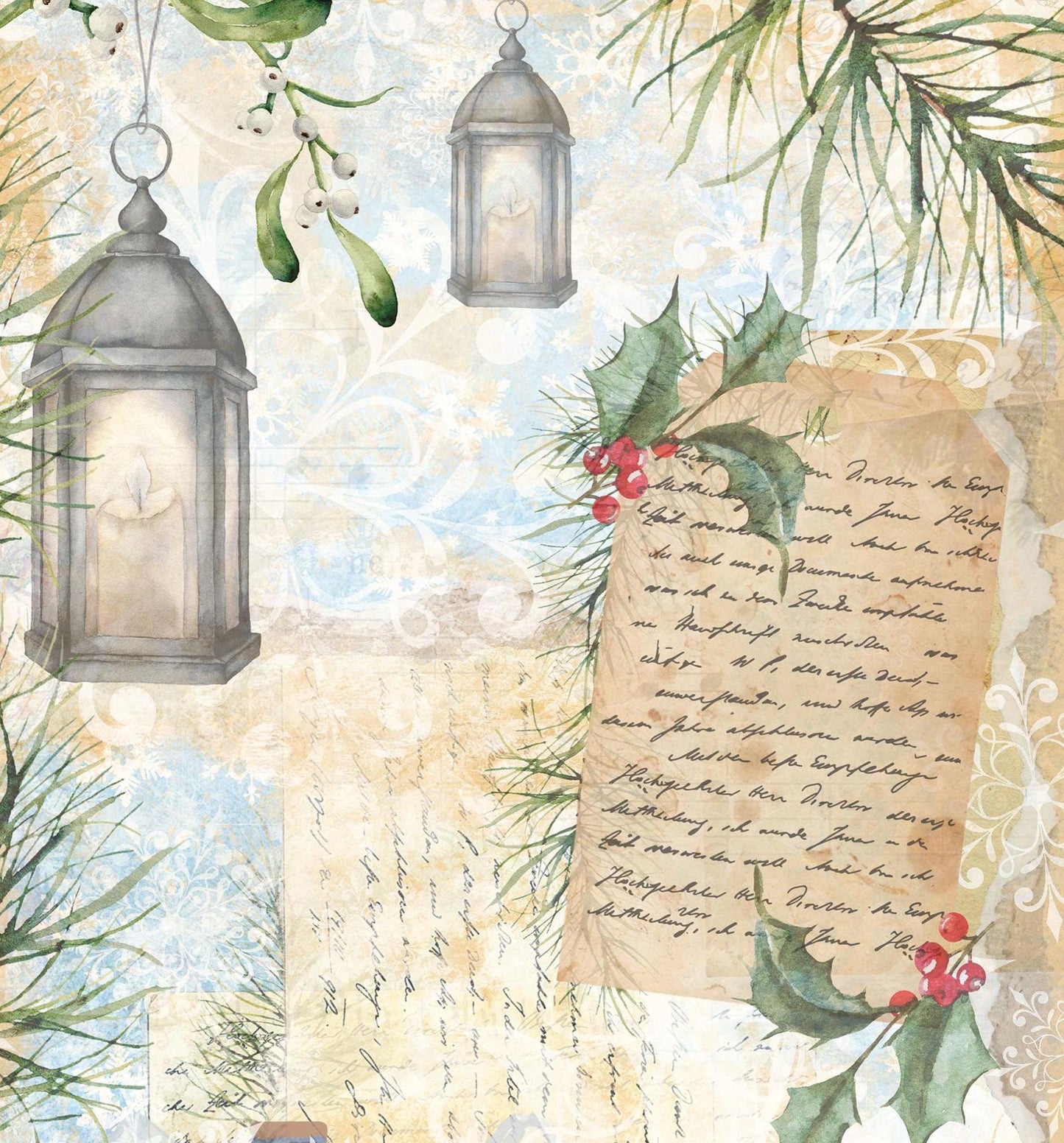 Large Decoupage Paper - Christmas Collection - Handwrite - 6 Size Options - Green Holly Bush