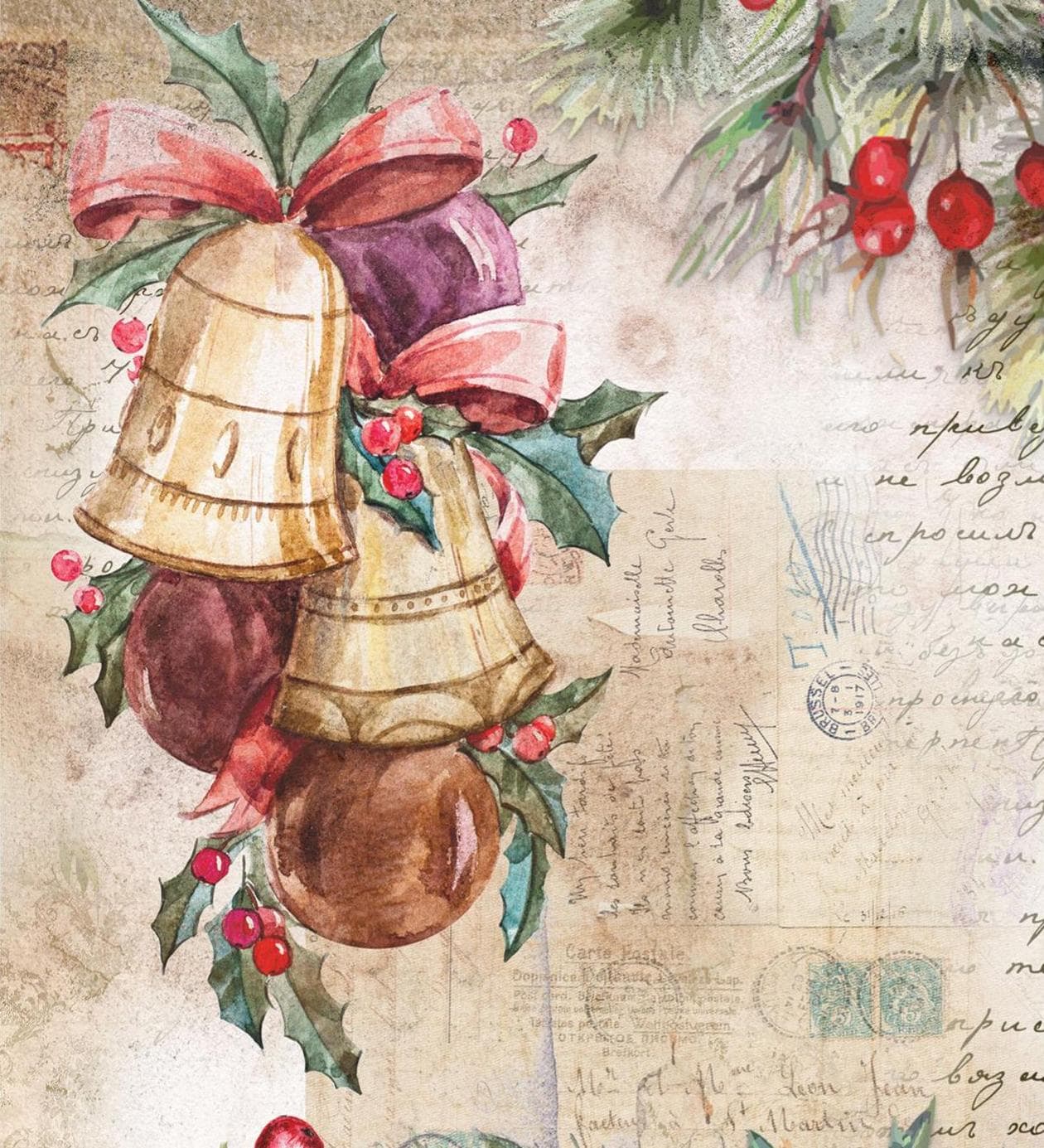 Large Decoupage Paper - Christmas Collection - Holly Bell - 6 Size Options - Red Holly Berries