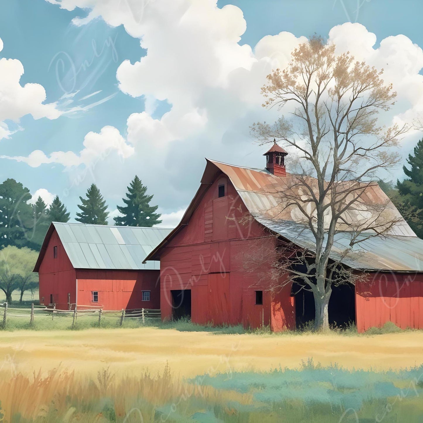 Farm Life - Large Decoupage Paper for Furniture - 6 Size Options - Red Barn - Rice Paper