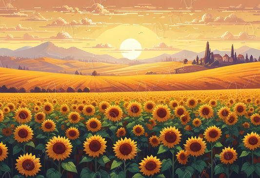 Sunflowers - Large Decoupage Paper for Furniture - 6 Size Options - Green Yellow Field - Rice Paper - Sunset