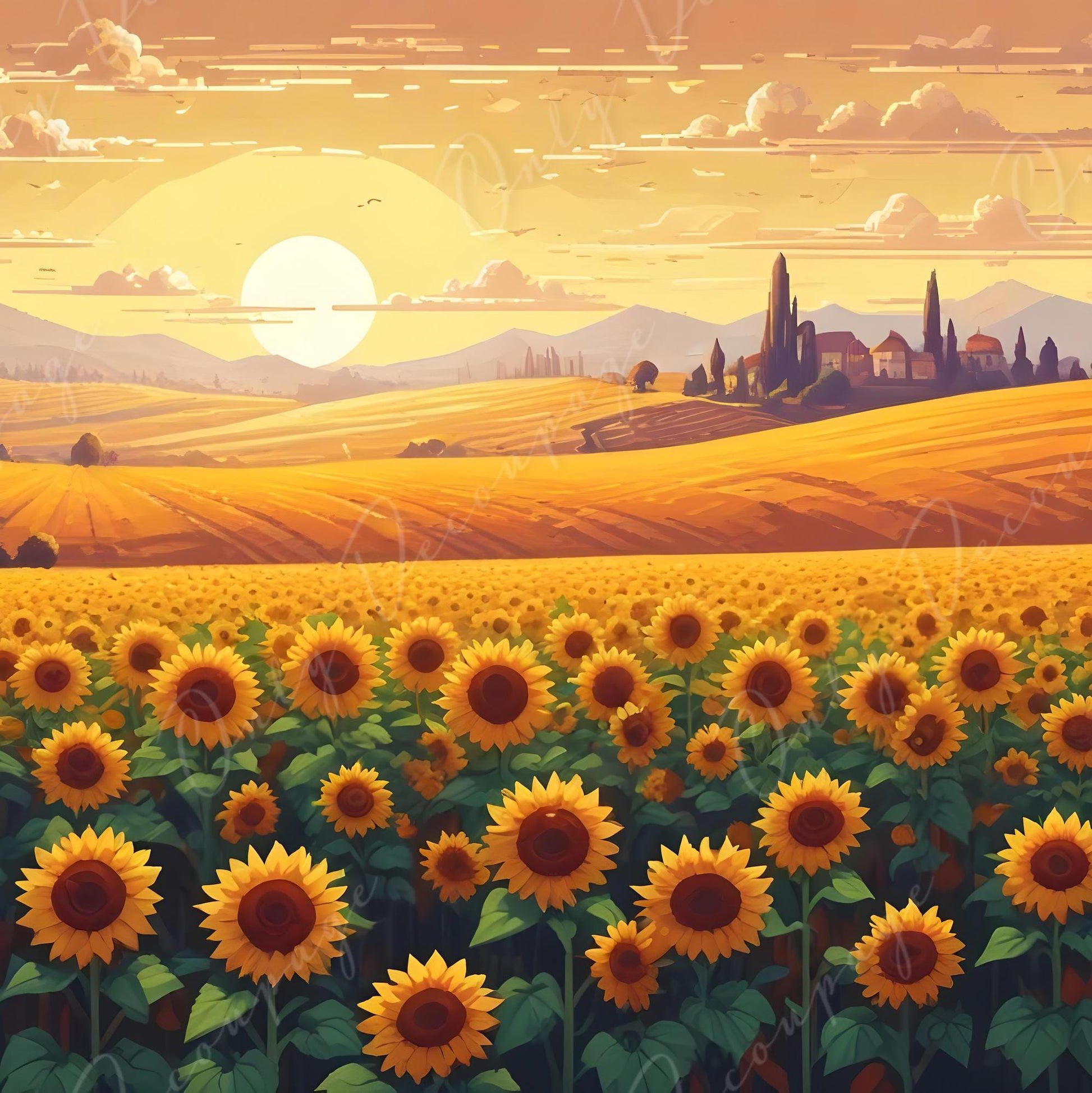 Sunflowers - Large Decoupage Paper for Furniture - 6 Size Options - Green Yellow Field - Rice Paper - Sunset