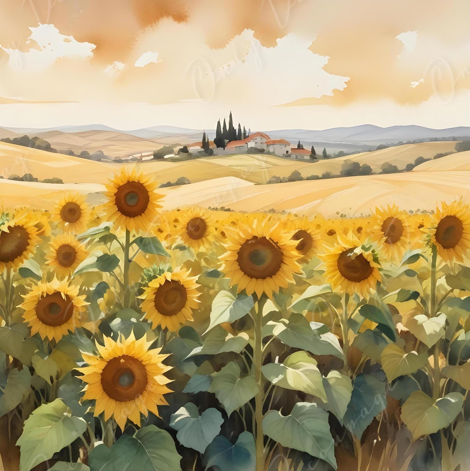 Sunflowers - Large Decoupage Paper for Furniture - 6 Size Options - Green Yellow Field - Rice Paper - Watercolor