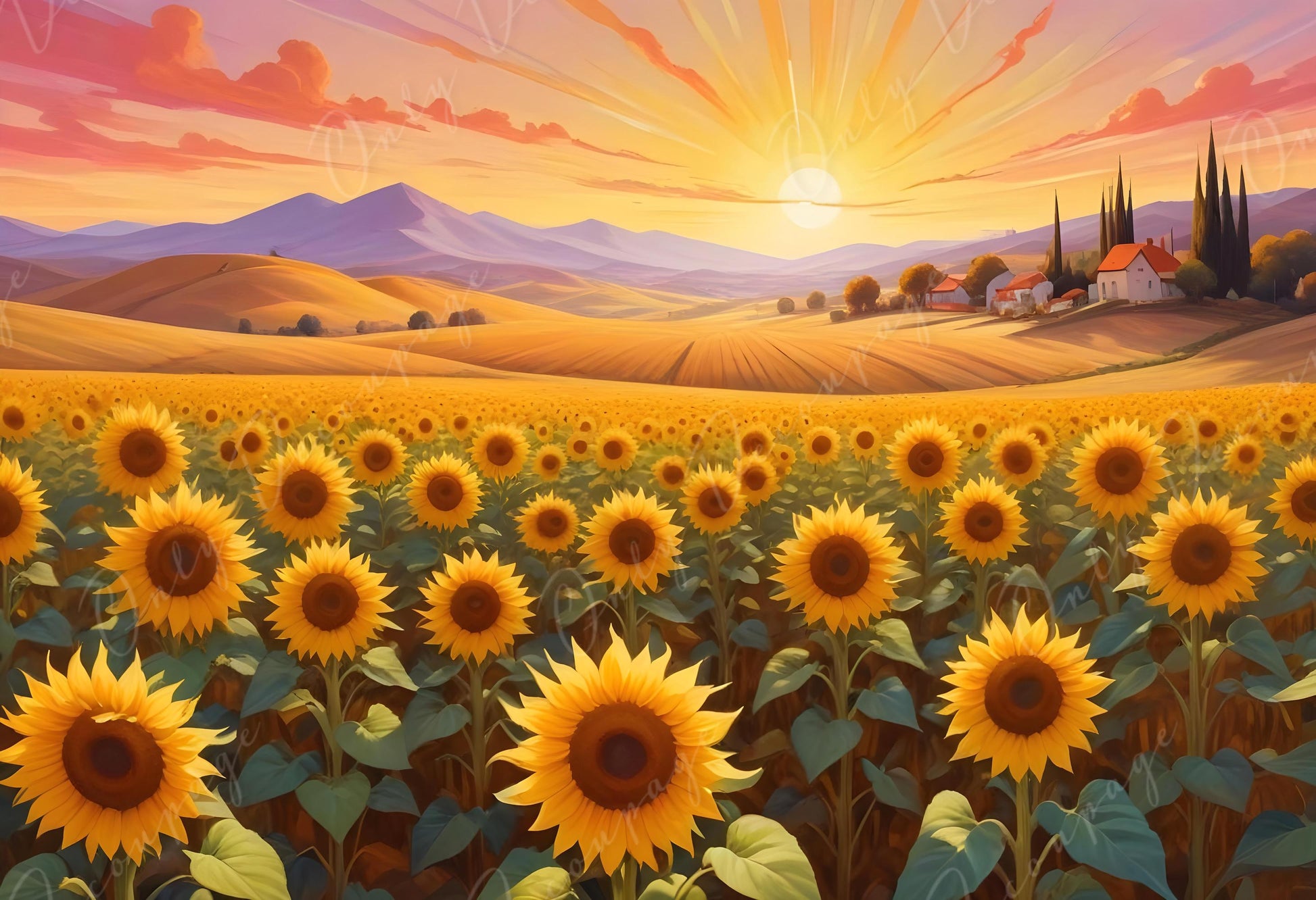 6 Size Decoupage Paper - Sunflowers - Green Yellow Field - Rice Paper - Village - Sunset