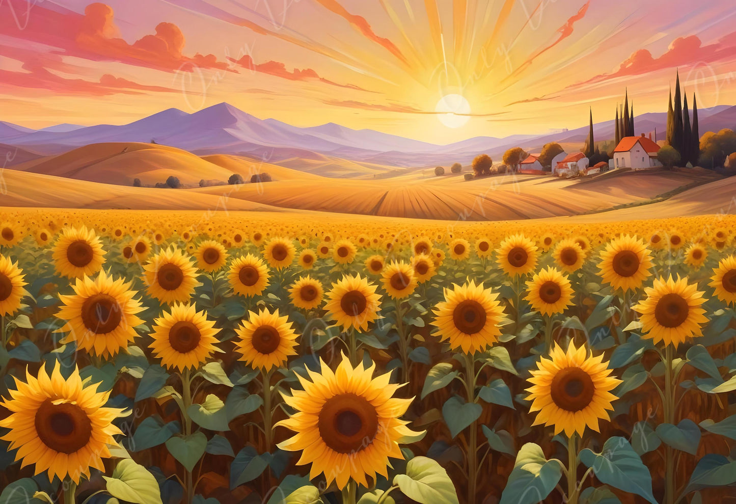 6 Size Decoupage Paper - Sunflowers - Green Yellow Field - Rice Paper - Village - Sunset