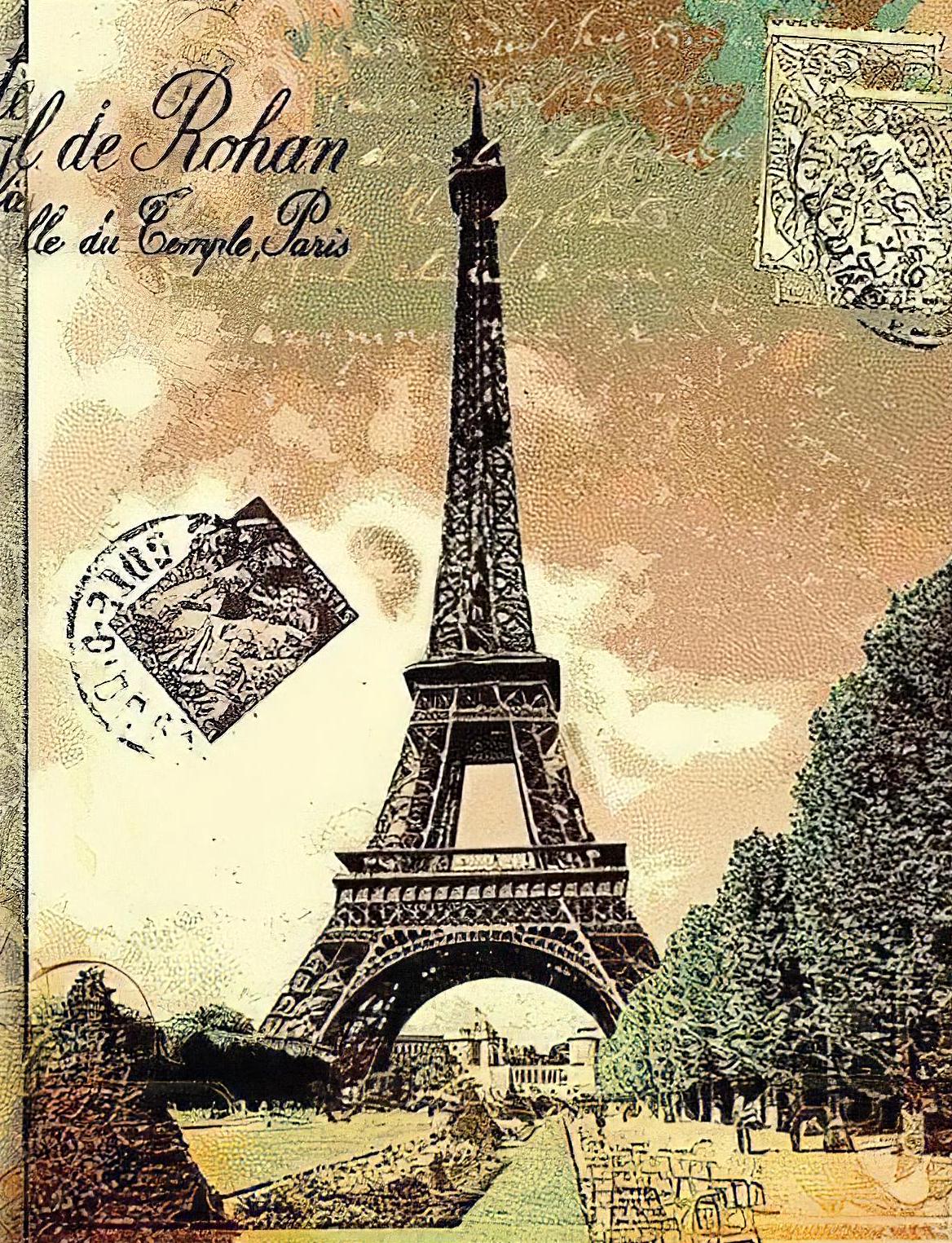 Postcard From Paris - Decorative Decoupage Paper - for Furniture - 1 A3 Sheet [ Beige Green Brown ]