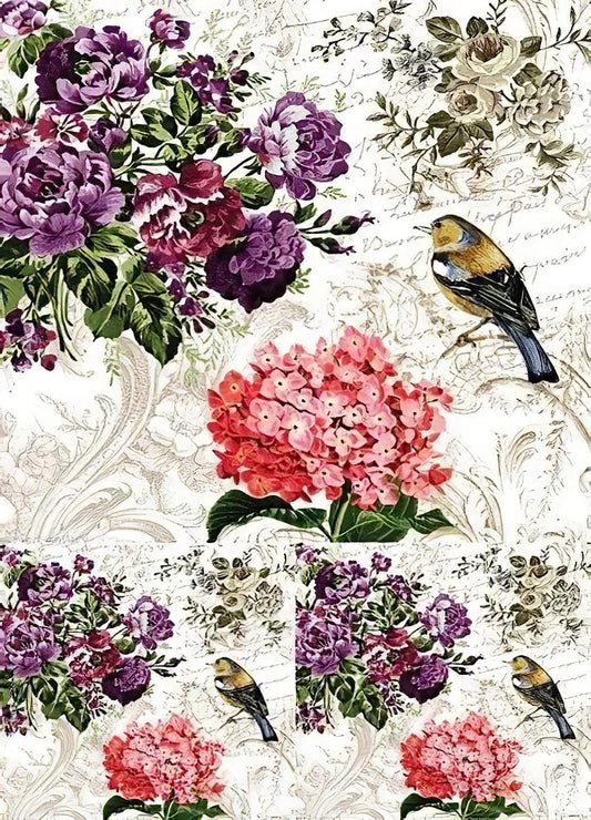Floral - Bird - Decorative Decoupage Paper - for Furniture - Big Size Options [ Pink Purple Green White ]