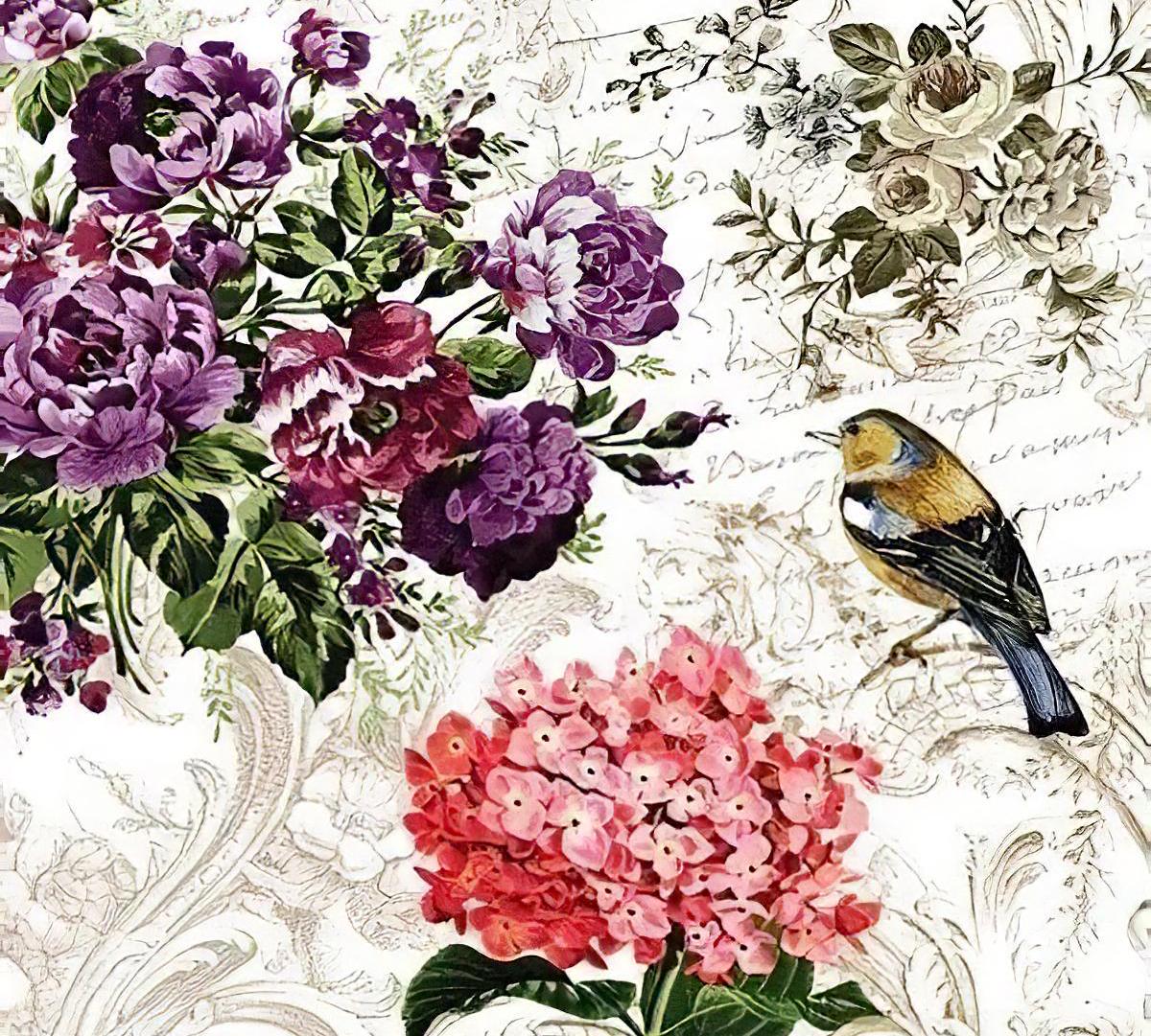 Floral - Bird - Decorative Decoupage Paper - for Furniture - Big Size Options [ Pink Purple Green White ]