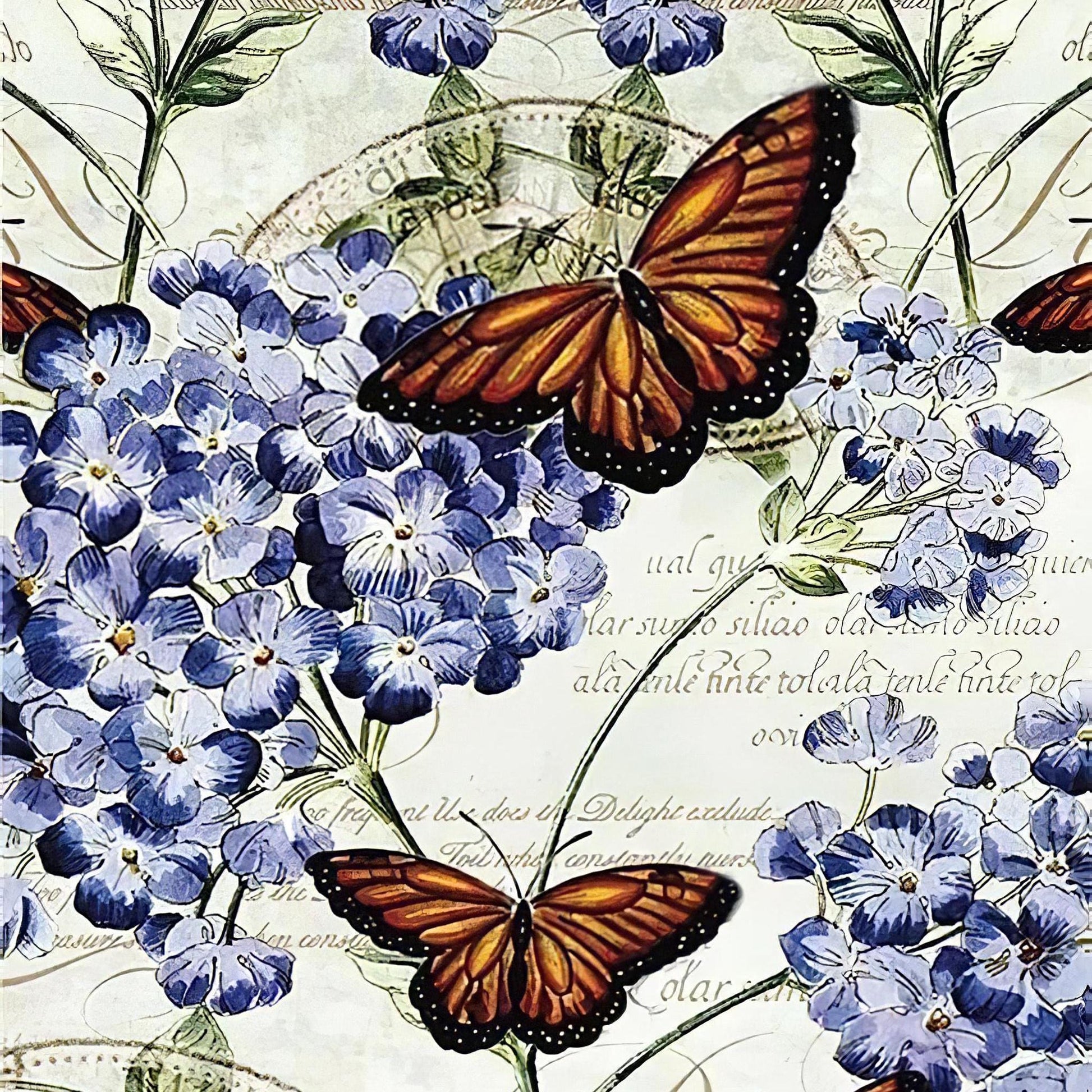 Butterfly and Flower - Decorative Decoupage Paper - for Furniture - Large Size Options [ Blue White Brown ]
