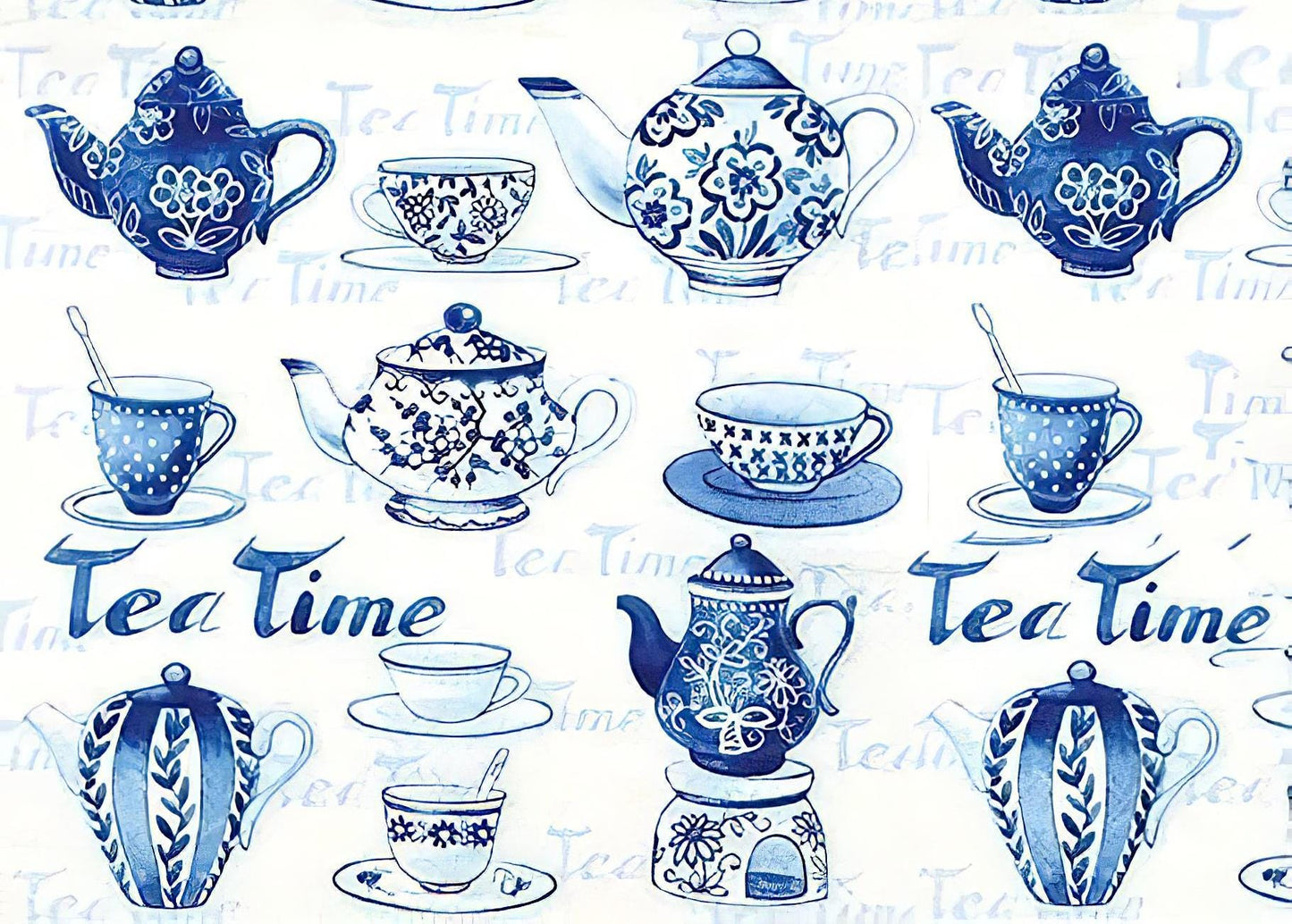 Tea Time Kitchen - Decorative Decoupage Paper - for Furniture - Large Size Options [ Blue White ]