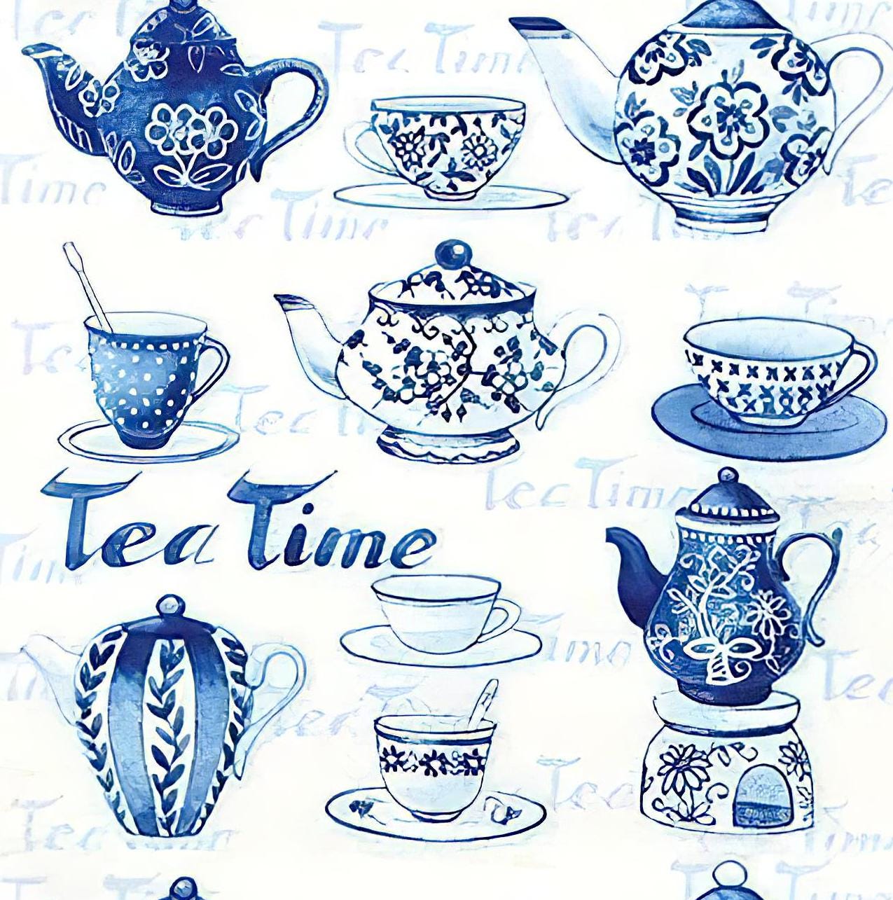 Tea Time Kitchen - Decorative Decoupage Paper - for Furniture - Large Size Options [ Blue White ]