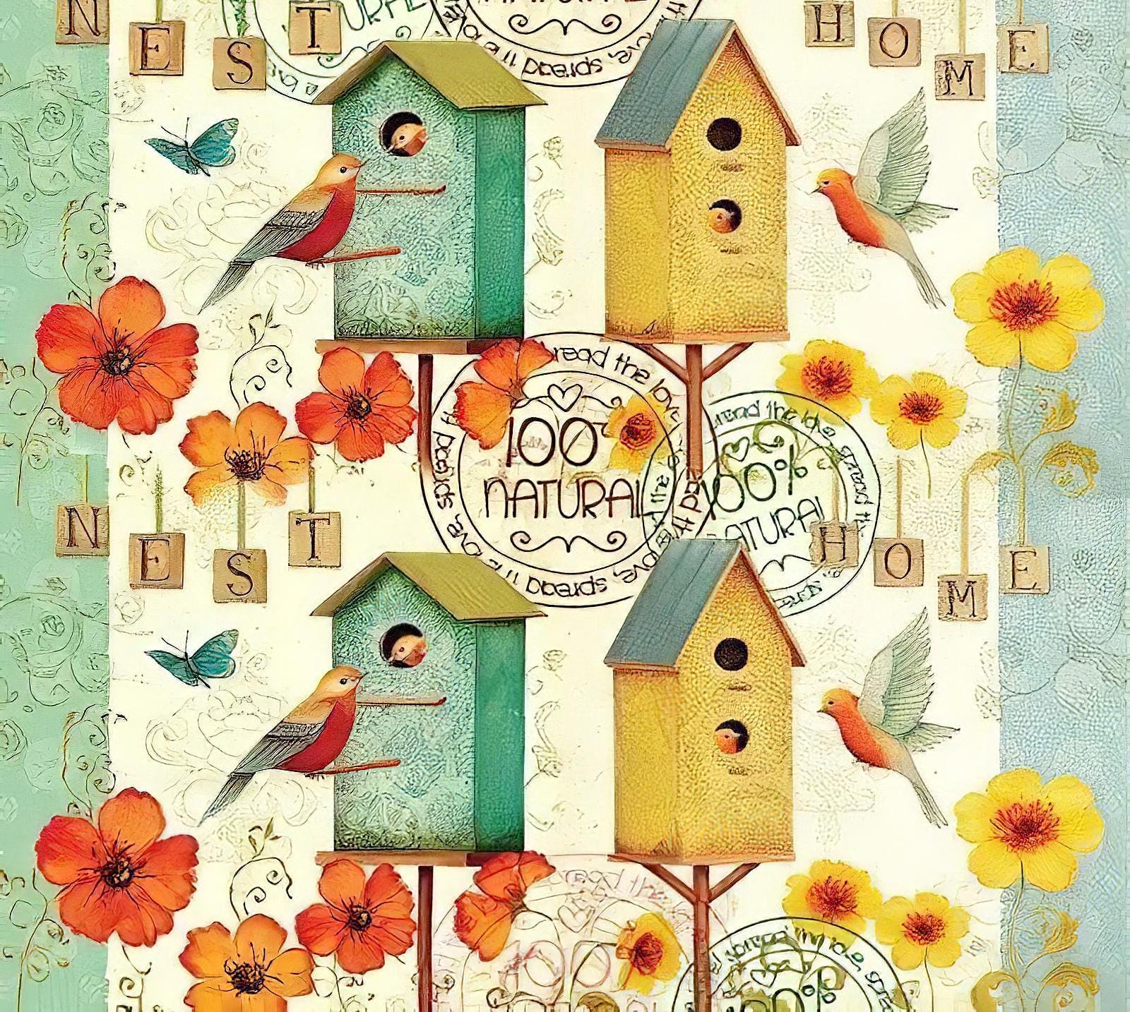 Birdnest Pattern - Decorative Decoupage Paper - for Furniture - 1 A3 Sheet [ Red Green Yellow ]
