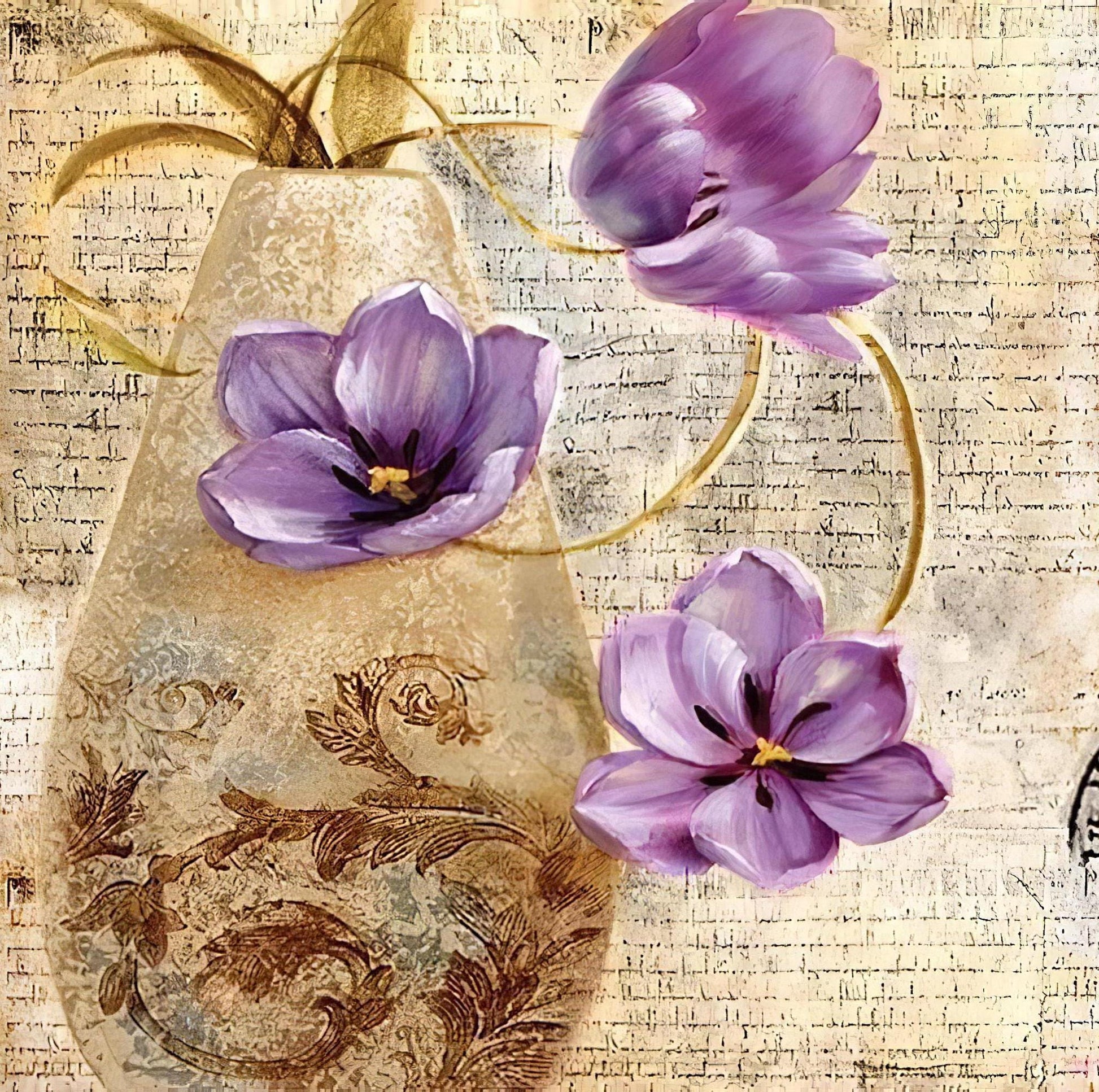 Floral Pattern - Decorative Decoupage Paper - for Furniture - Big Size Options [ Brown Purple ]