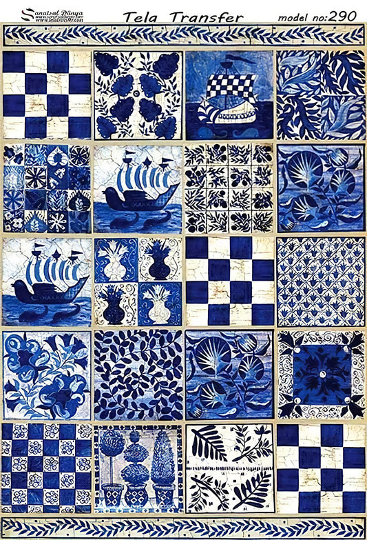 Marine Tile Pattern - Decorative Decoupage Paper - for Furniture - Large Size Options [ Blue White Navy ]