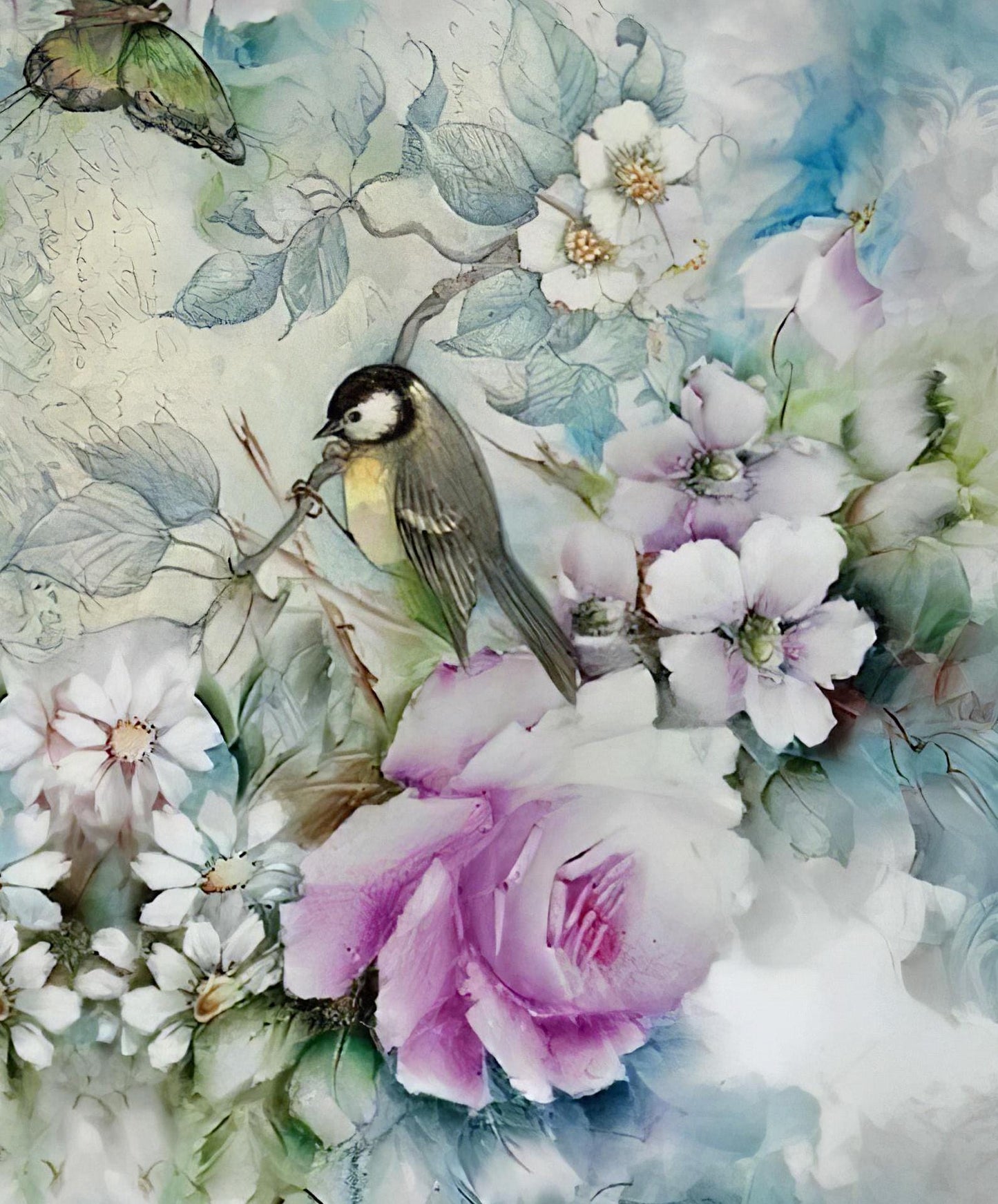 Floral Bird Pattern - Decorative Decoupage Paper - for Furniture - Big Size Options [ Blue Pink White Green ]