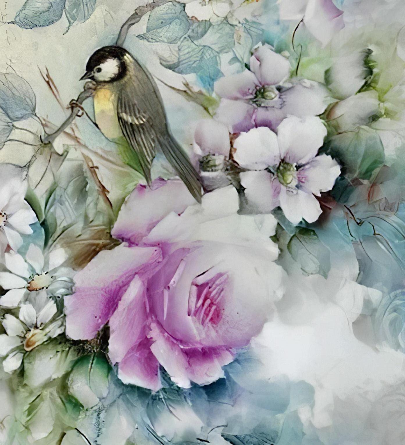 Floral Bird Pattern - Decorative Decoupage Paper - for Furniture - Big Size Options [ Blue Pink White Green ]