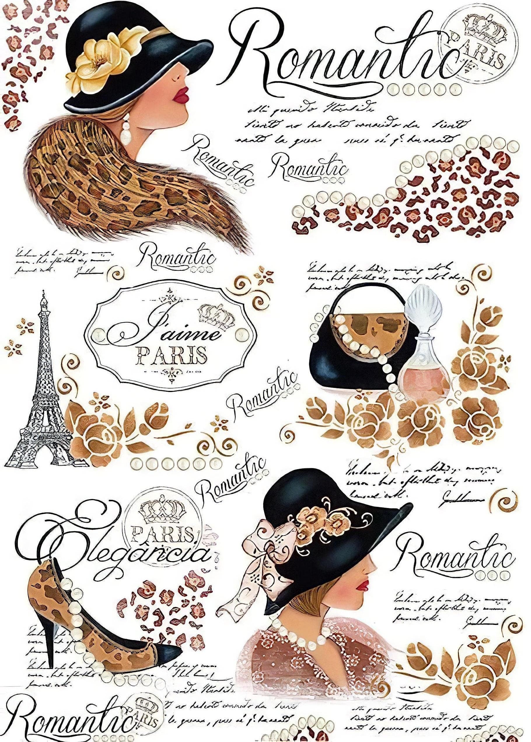 Paris Fashion Lady - Romantic - Eiffel - Decorative Decoupage Paper - for Furniture - Large Size Options [ Brown White Black ]