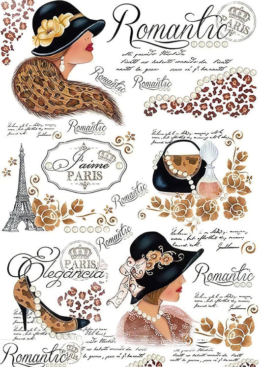 Paris Fashion Lady - Romantic - Eiffel - Decorative Decoupage Paper - for Furniture - Large Size Options [ Brown White Black ]