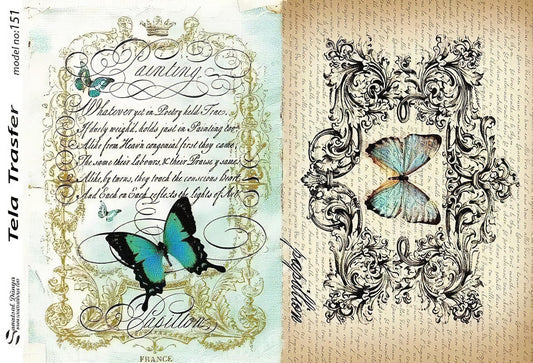 Vintage Green Butterfly - Decorative Decoupage Paper - Big Size Options [ Blue Green Yellow Black ]