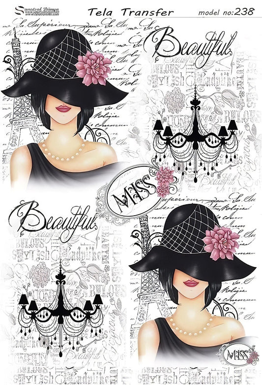 Vintage Lady - Decorative Decoupage Paper - for Furniture - Large Size Options [ Black White Pink ]