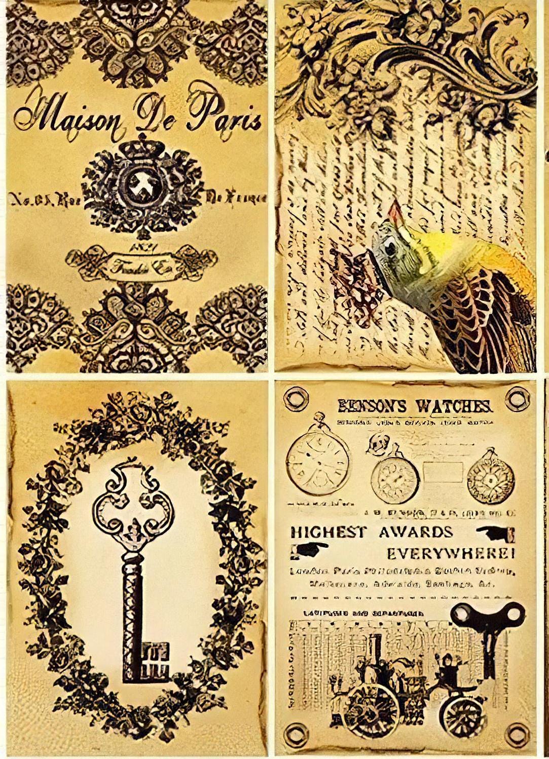 Vintage Collage Bird Butterfly - Decorative Decoupage Paper - for Furniture - Big Size Options [ Yellow Brown Black ]