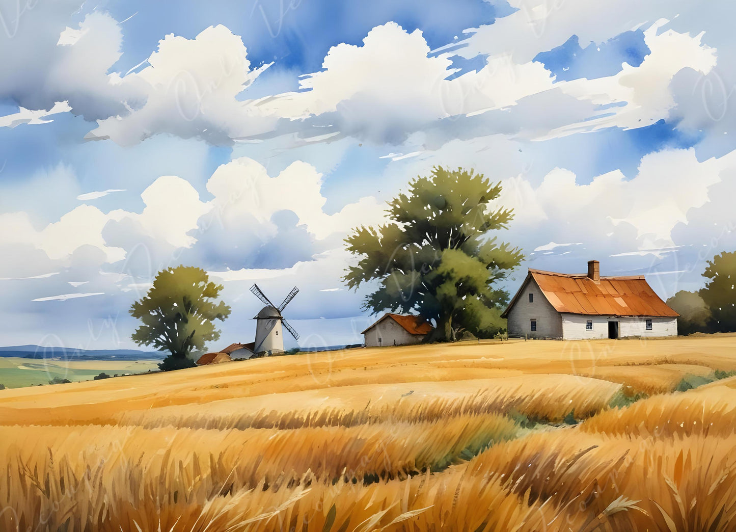 Large Decoupage Paper - 6 Size - Farm House with Cloudy Blue Sky - Rice Paper