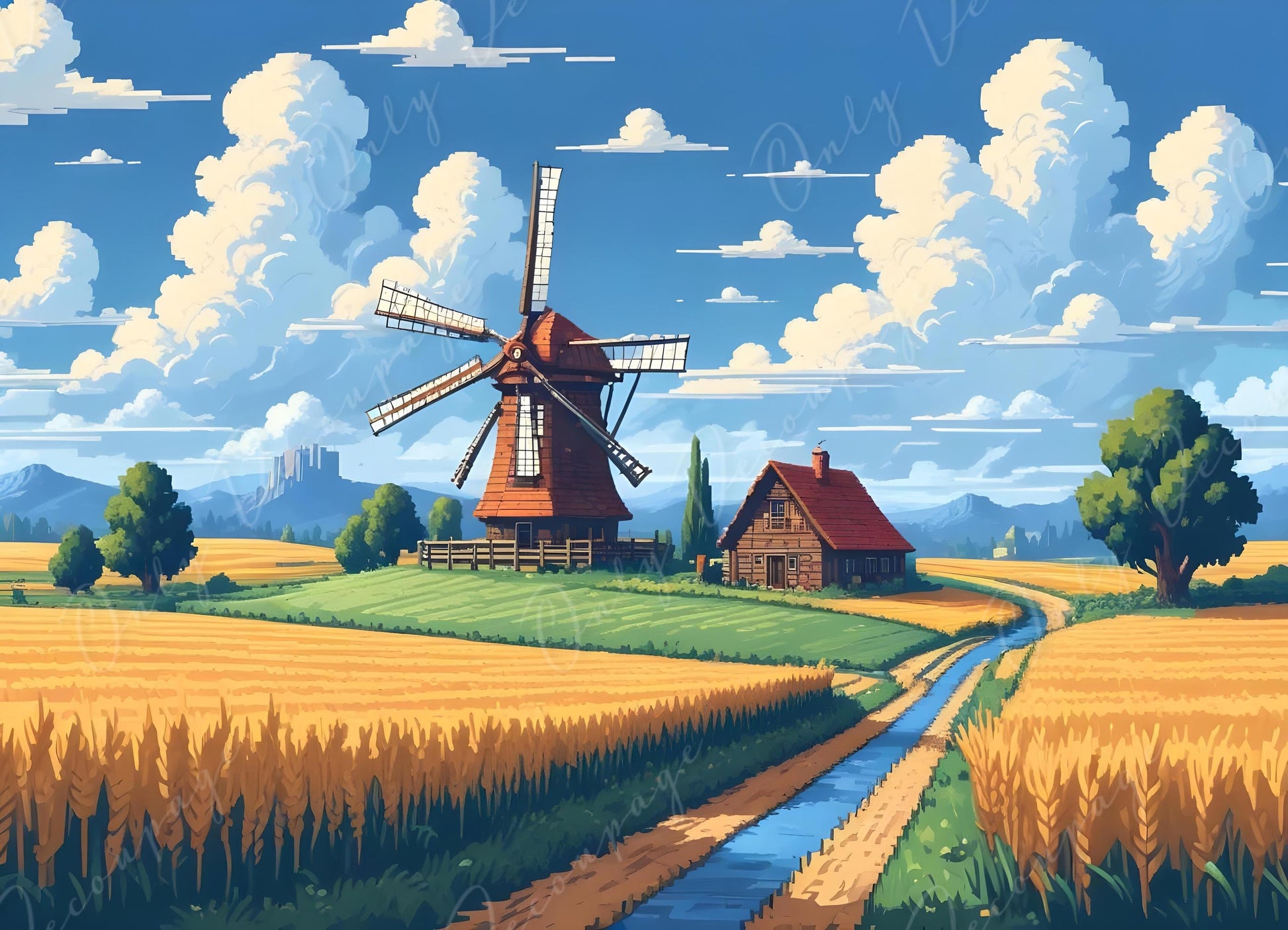 Large Decoupage Paper - 6 Size - Farm House with Golden Wheat Field - Rice Paper - Pixel Art