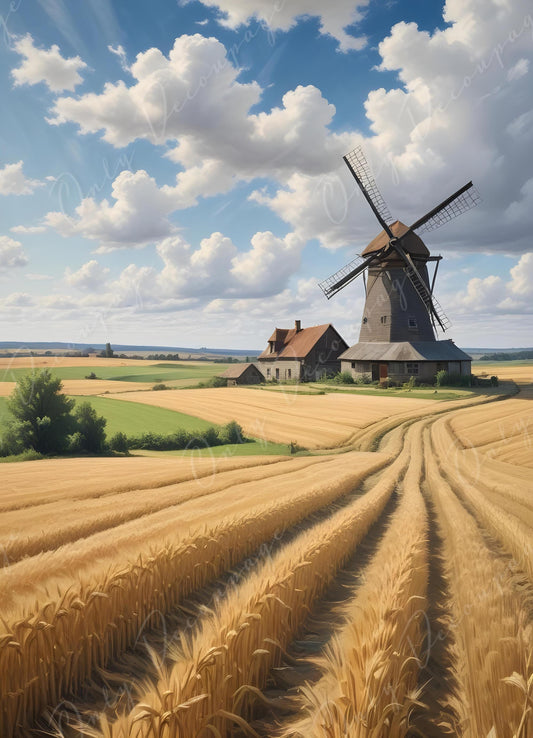 Decoupage Paper - 6 Size - Windmill with Golden Wheat Field - Rice Paper - Farm Life