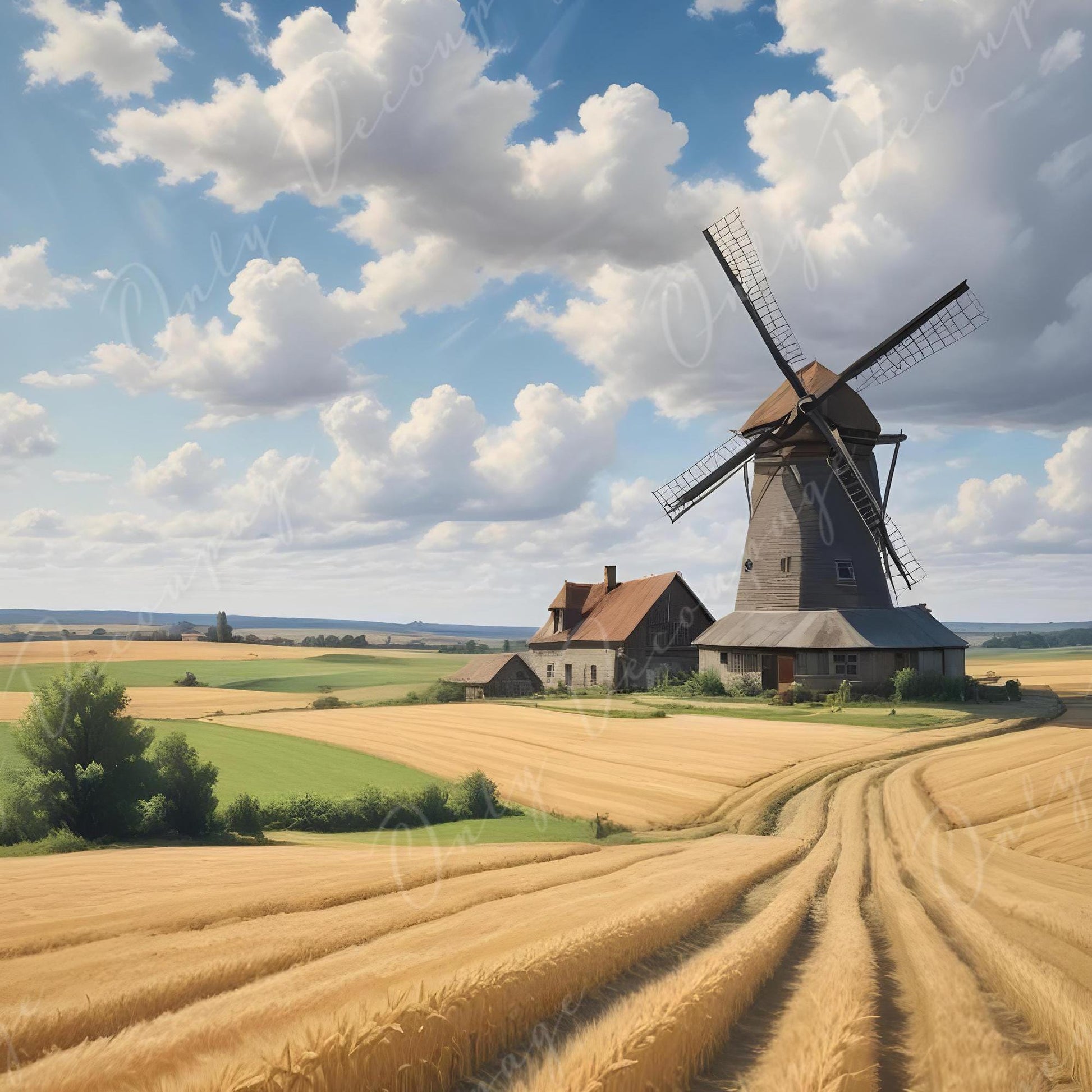 Decoupage Paper - 6 Size - Windmill with Golden Wheat Field - Rice Paper - Farm Life