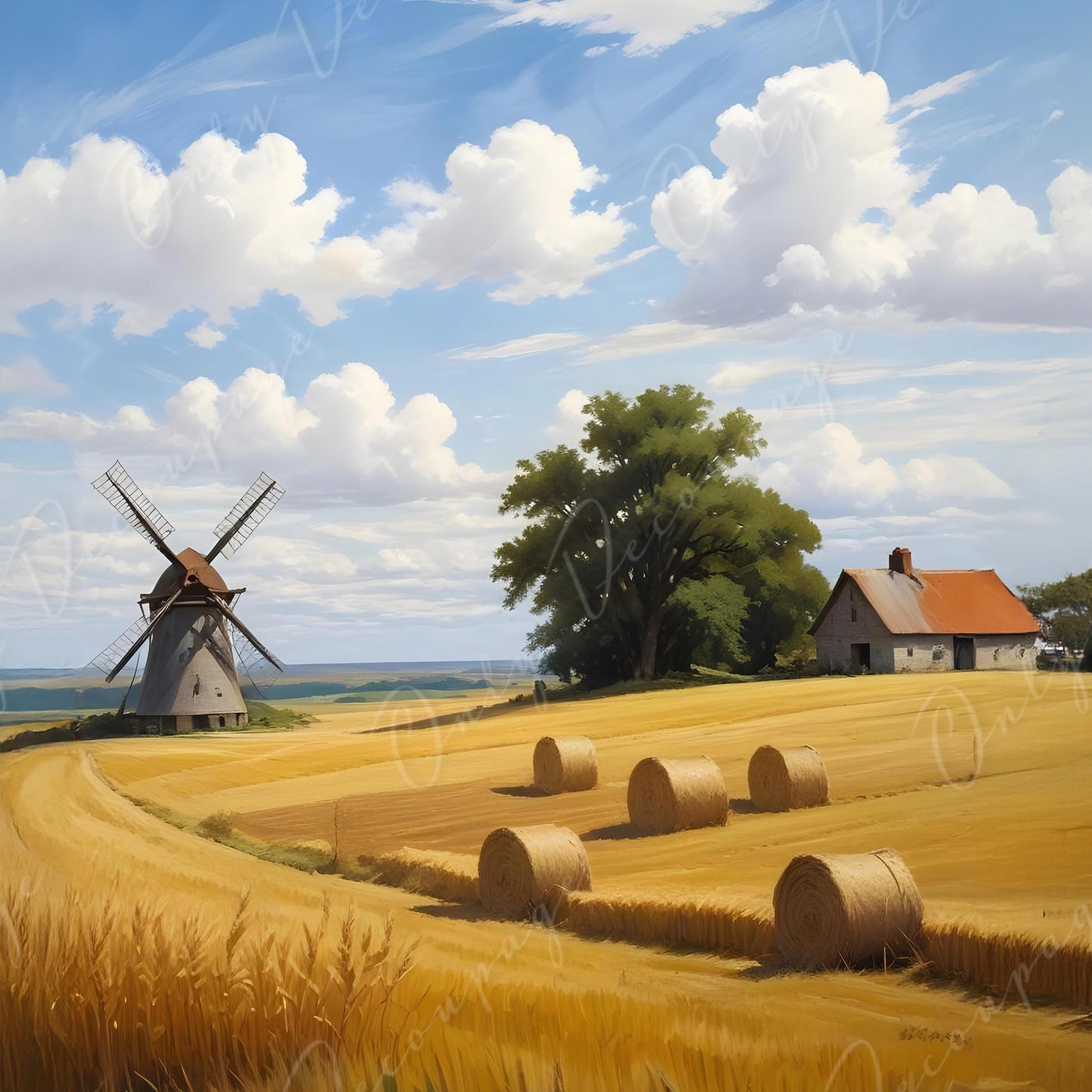 Decoupage Paper - 6 Size - Windmill with Golden Wheat Field - Rice Paper - Agriculture