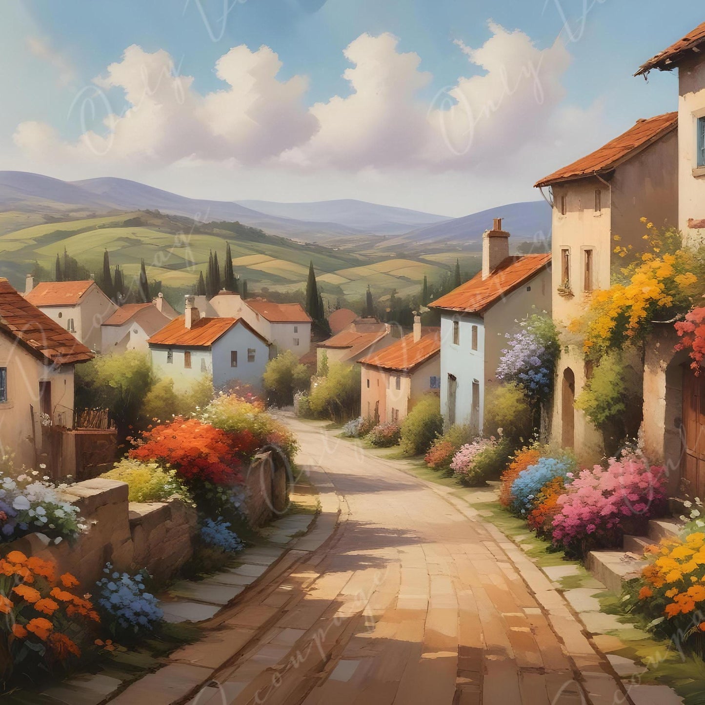 Decoupage Paper - 6 Size - European Village Street with Yellow Flowers - Rice Paper
