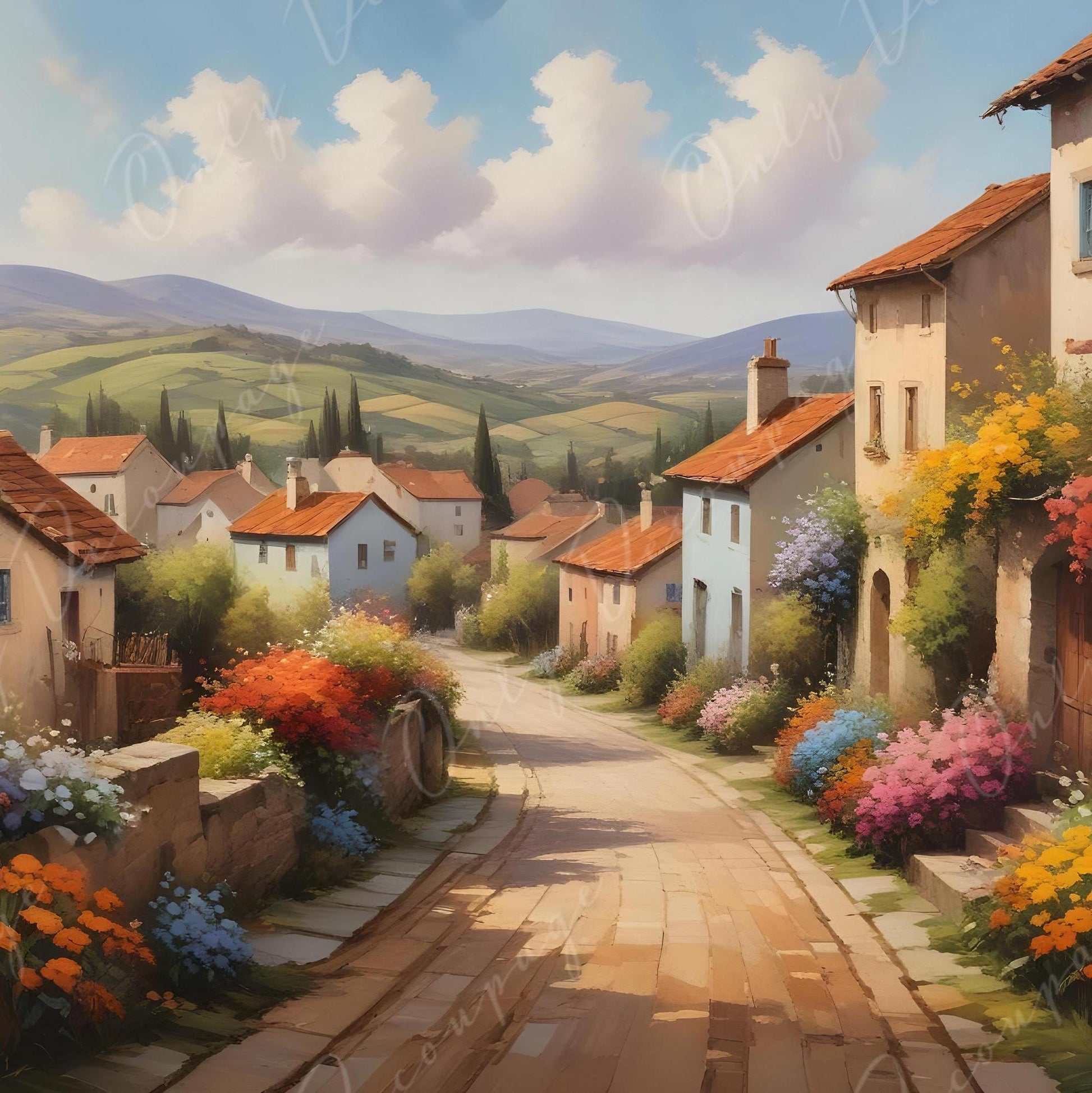 Decoupage Paper - 6 Size - European Village Street with Yellow Flowers - Rice Paper